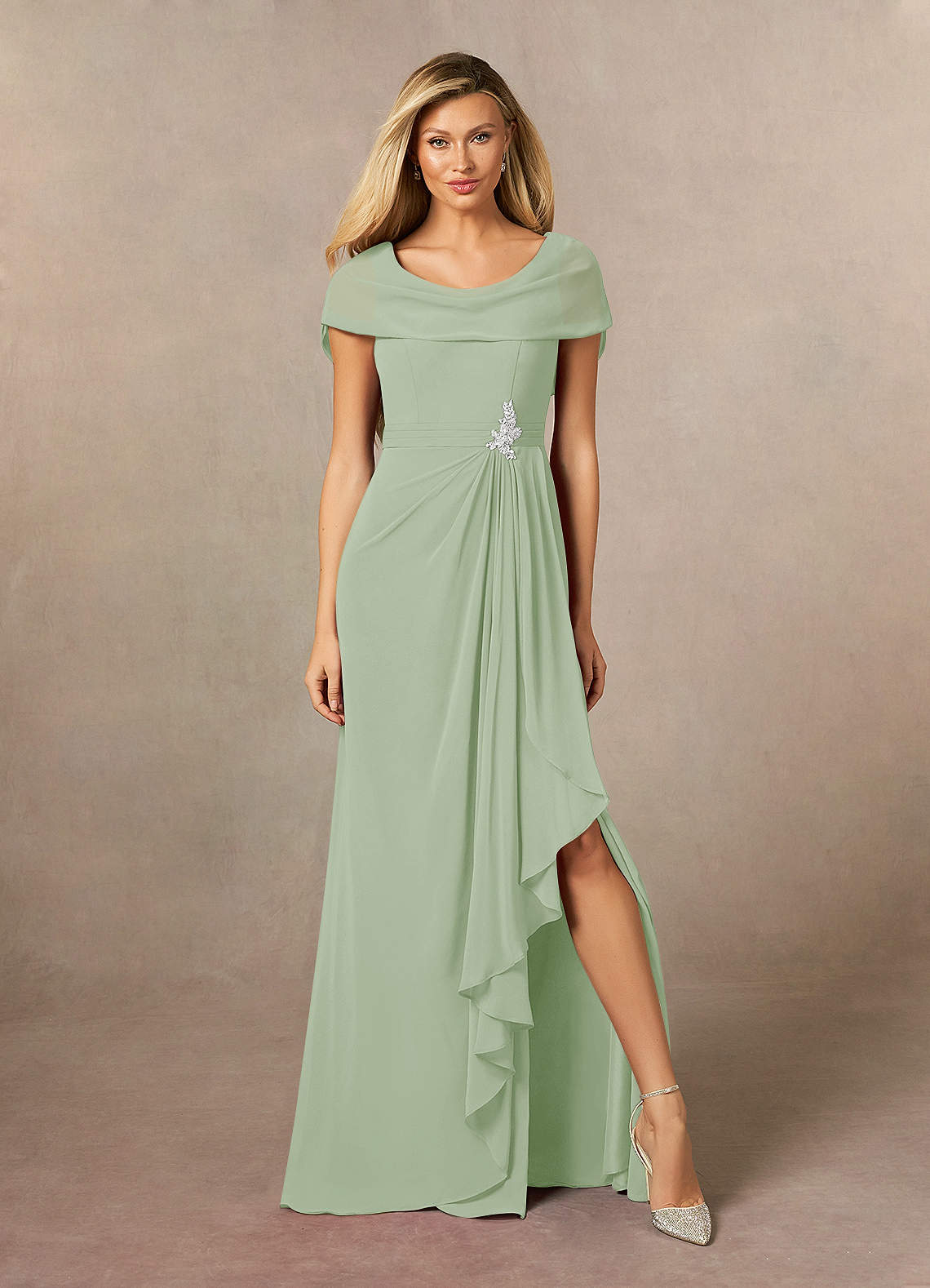 Azazie Mary Mother of the Bride Dresses Dusty Sage A-Line Side Slit Chiffon Dress image1