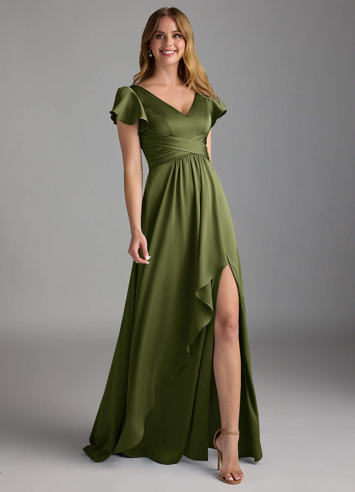 Azazie Omari Bridesmaid Dresses Olive A-Line Stretch Satin Dress image1
