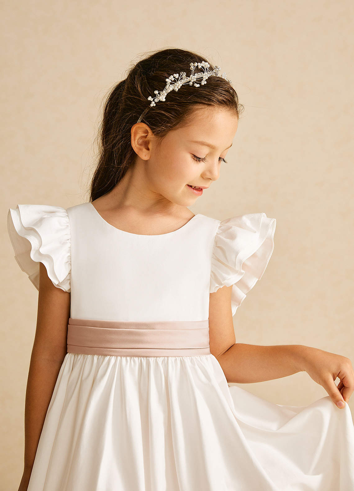 Azazie Aero Flower Girl Dresses Ivory English Rose A-Line Pleated Cotton Dress image2