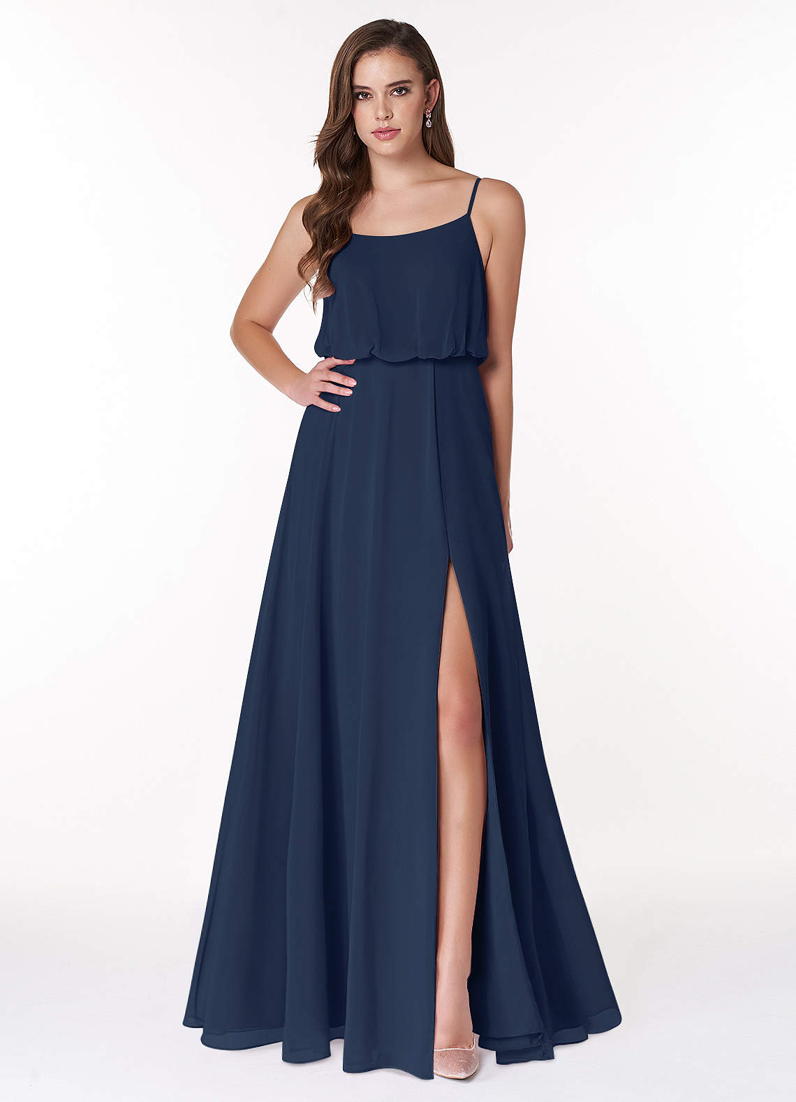 Azazie Lupe Bridesmaid Dresses Dark Navy A-Line Scoop Blouson Chiffon Dress image1