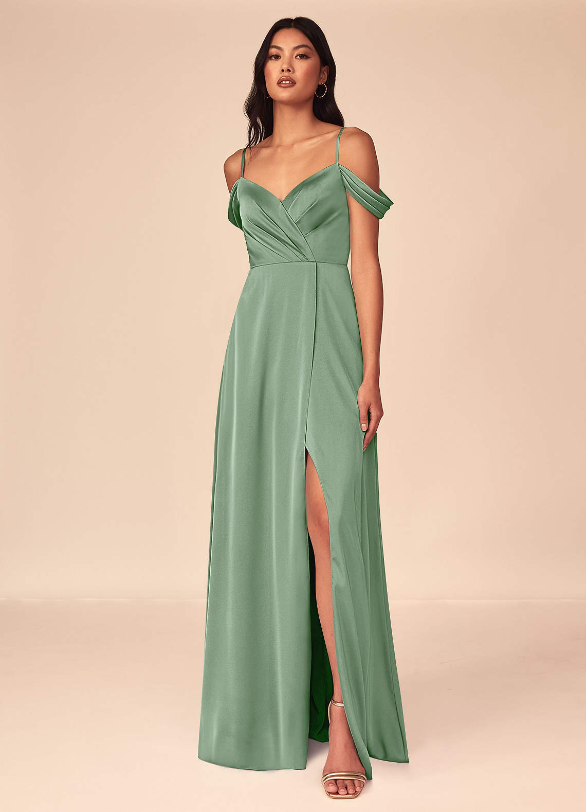 Azazie Ocean Brautjungfernkleider A-Linie V-Hals Gefaltet Stretch-Satin Kleid Matcha image1