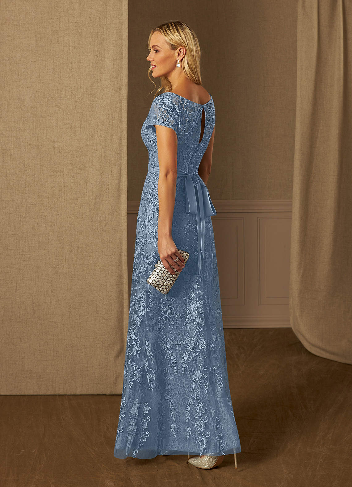 Azazie Dorit Dusty Blue Sheath Scoop Lace Dress Ready to Ship | Azazie