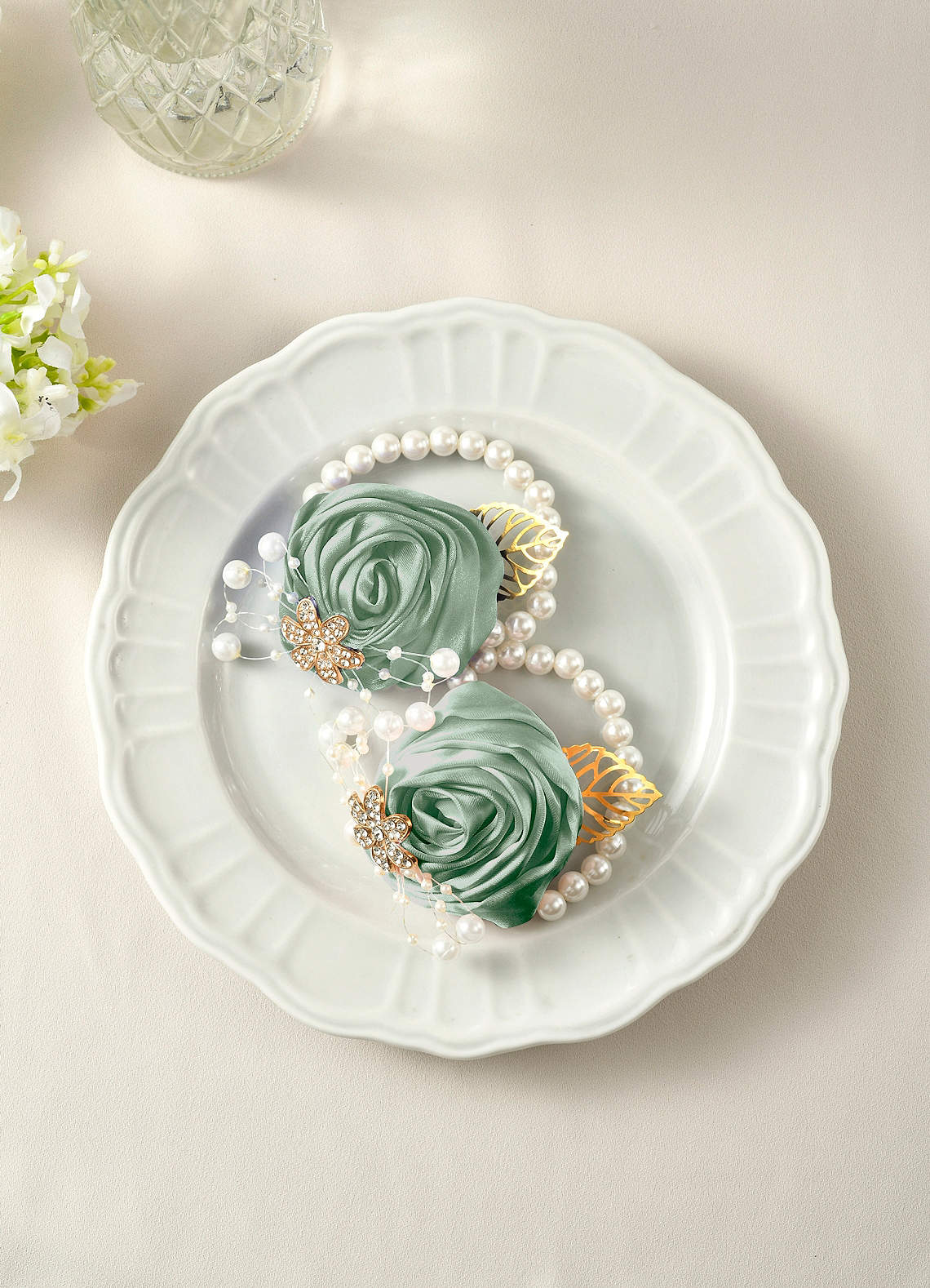 front Matching Color Bridesmaids Wrist Corsage with Pearl Bracelet