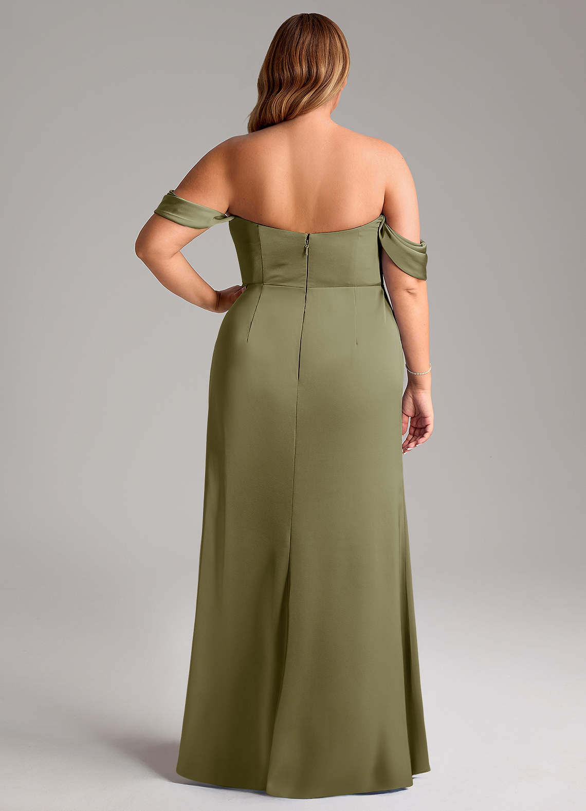 Azazie Saige Bridesmaid Dresses Pistachio Sheath Off the Shoulder Stretch Satin Dress image11