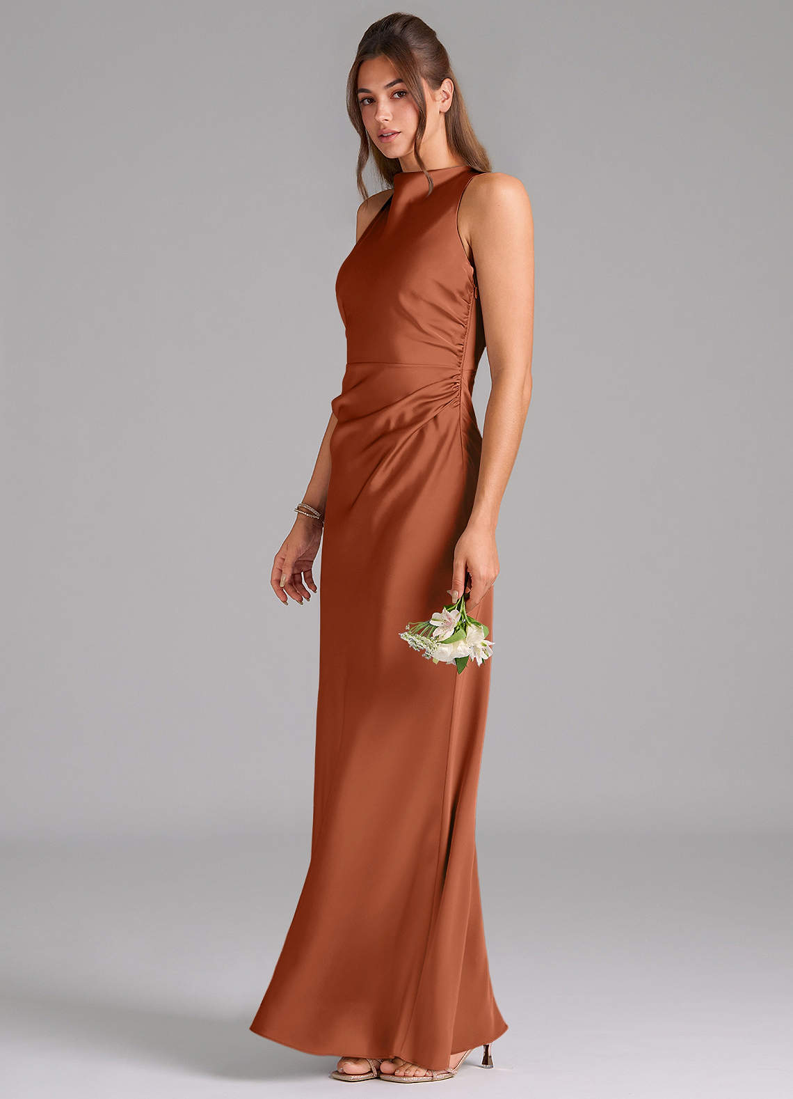 Azazie Evadne Bridesmaid Dresses Cedar Rose A-Line Pleated Stretch Satin Dress image1