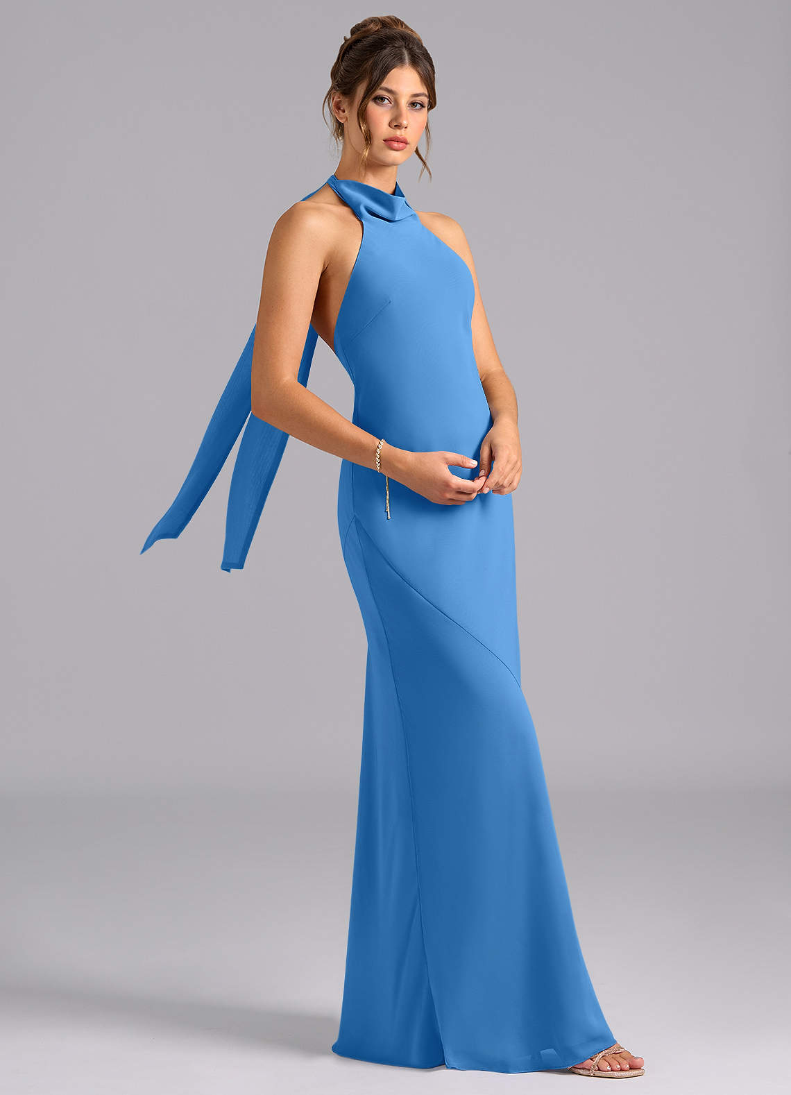 Azazie Velli Bridesmaid Dresses Blue Jay Mermaid High Neck Chiffon Dress image2