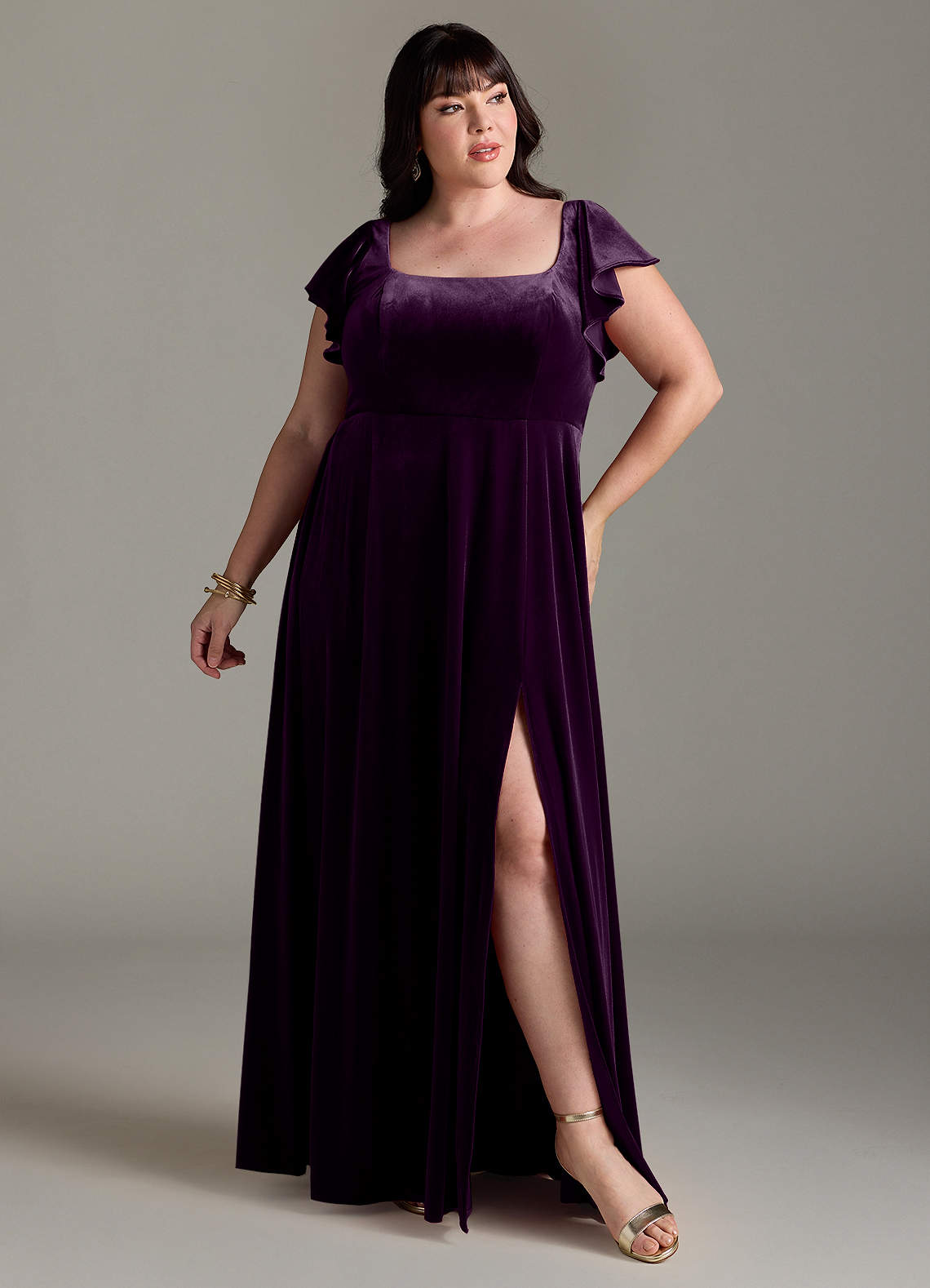 Azazie Bondi Bridesmaid Dresses Grape A-Line Side Slit Velvet Dress image1