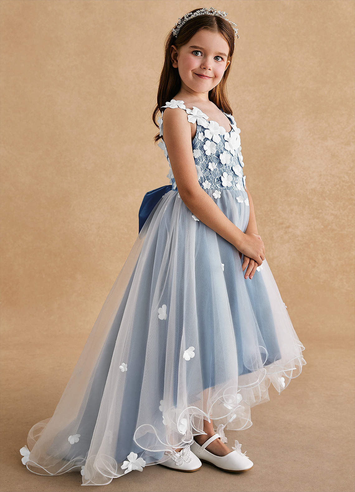 Azazie Celia Flower Girl Dresses Steel Blue A-Line Lace Tulle Dress image1