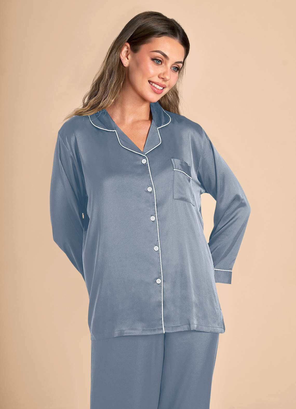front Long Sleeves and Pants Satin PJ Set