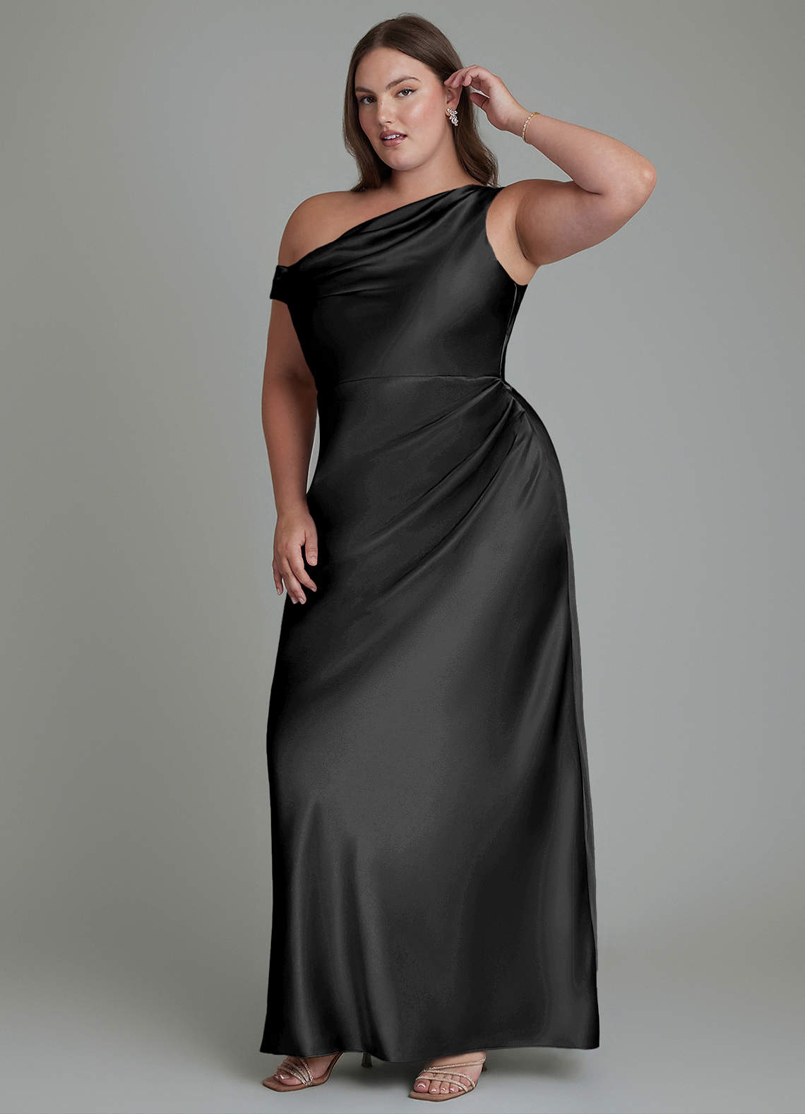 Azazie Emerson Bridesmaid Dresses Black Mermaid Off the Shoulder Metallic Satin Dress image10