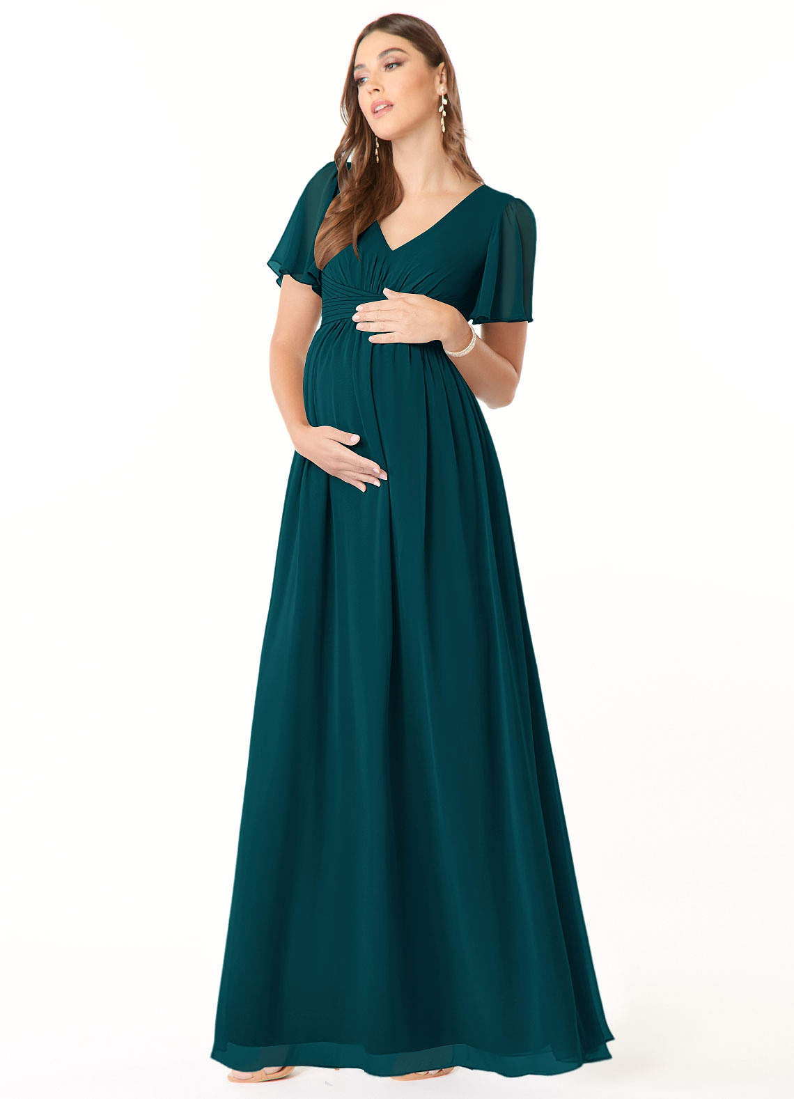 Azazie Verna vestidos de dama de honor de maternidad Vestido de Corte en A Cuello en V fruncido Hasta el suelo Gasa image2
