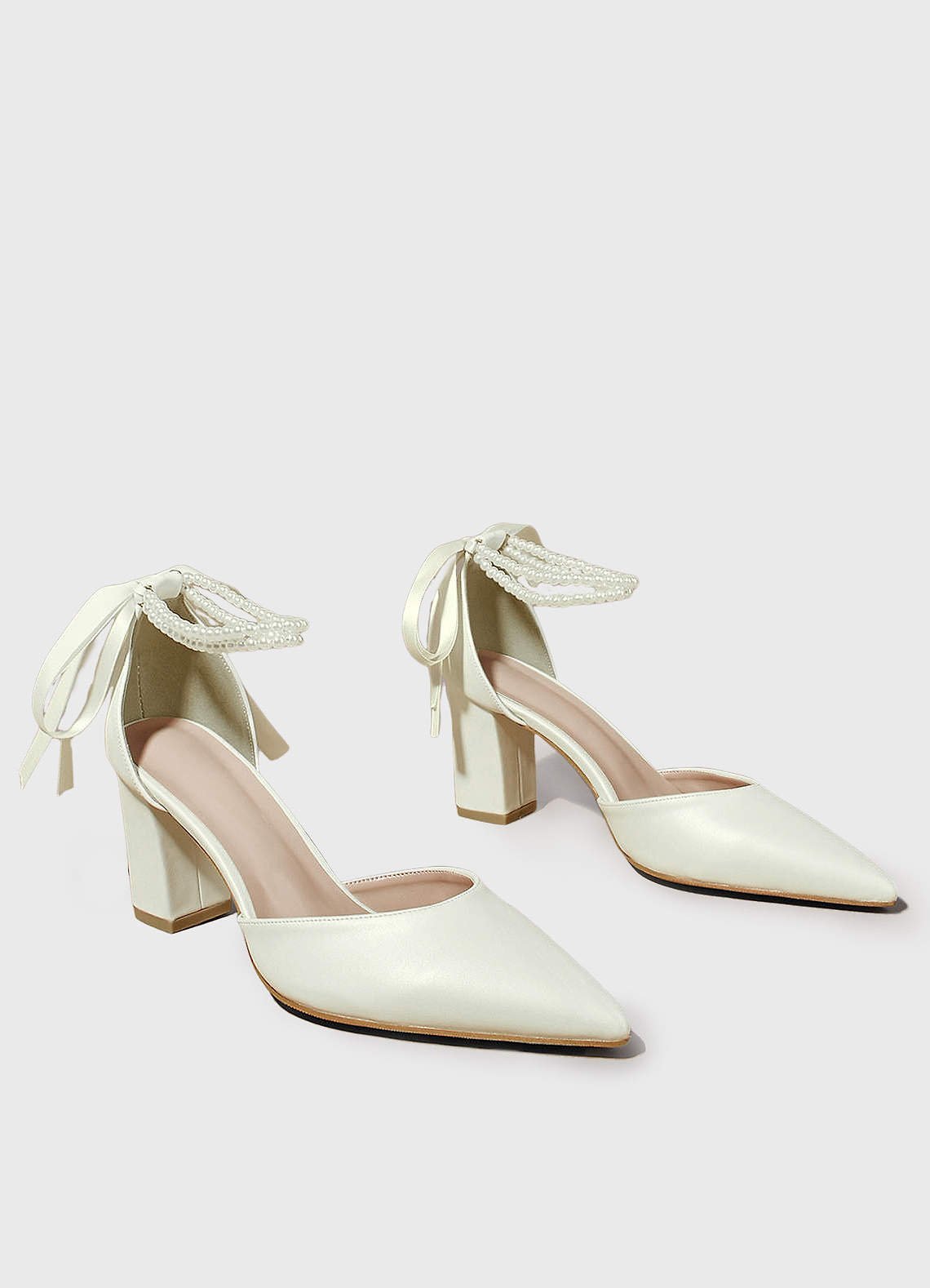 front Pearl Bow Ankle Strap Pumps