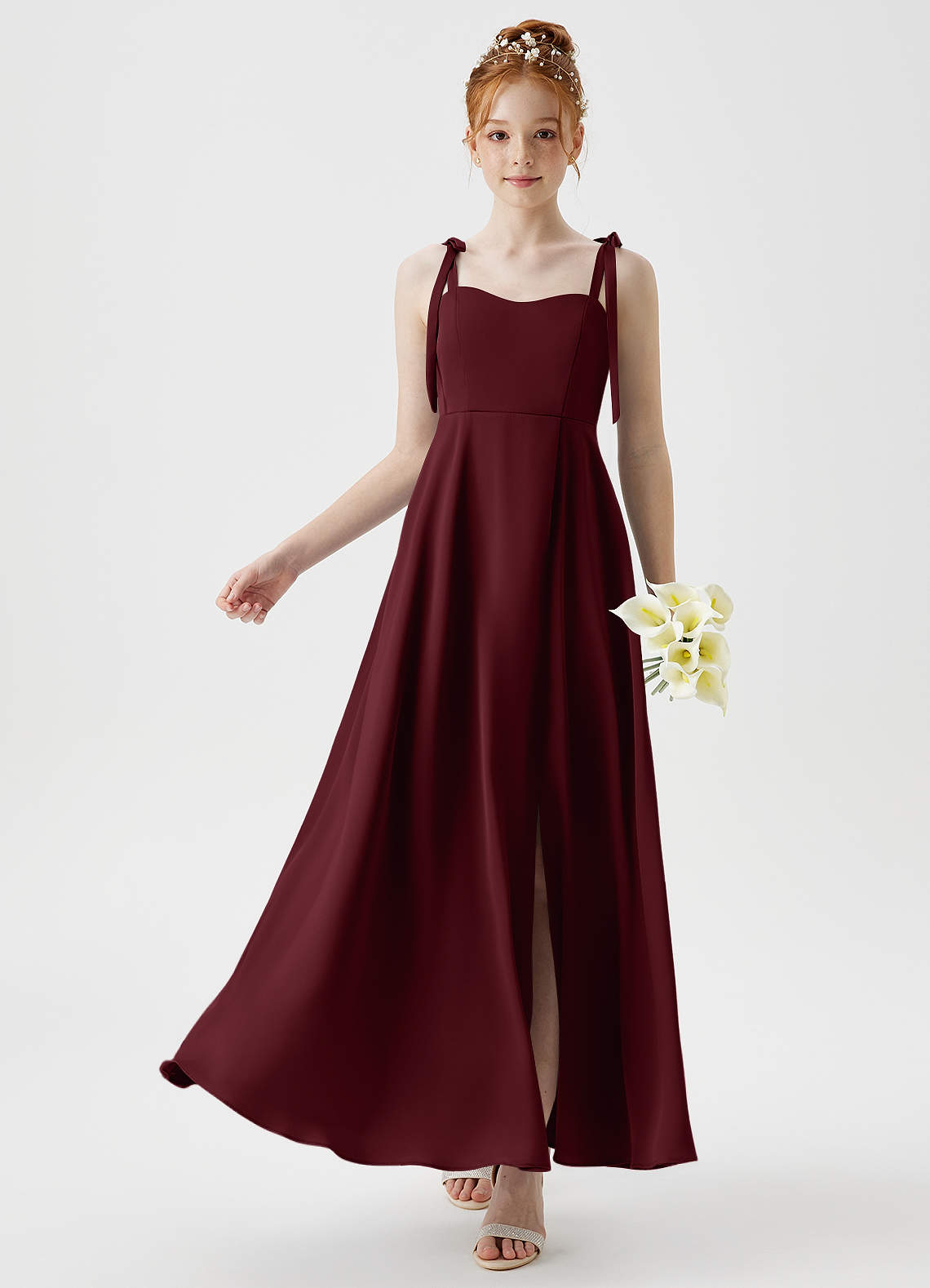 cabernet junior bridesmaid dresses A Line V Back Chiffon Lace Junior Bridesmaid Dress, Cabernet