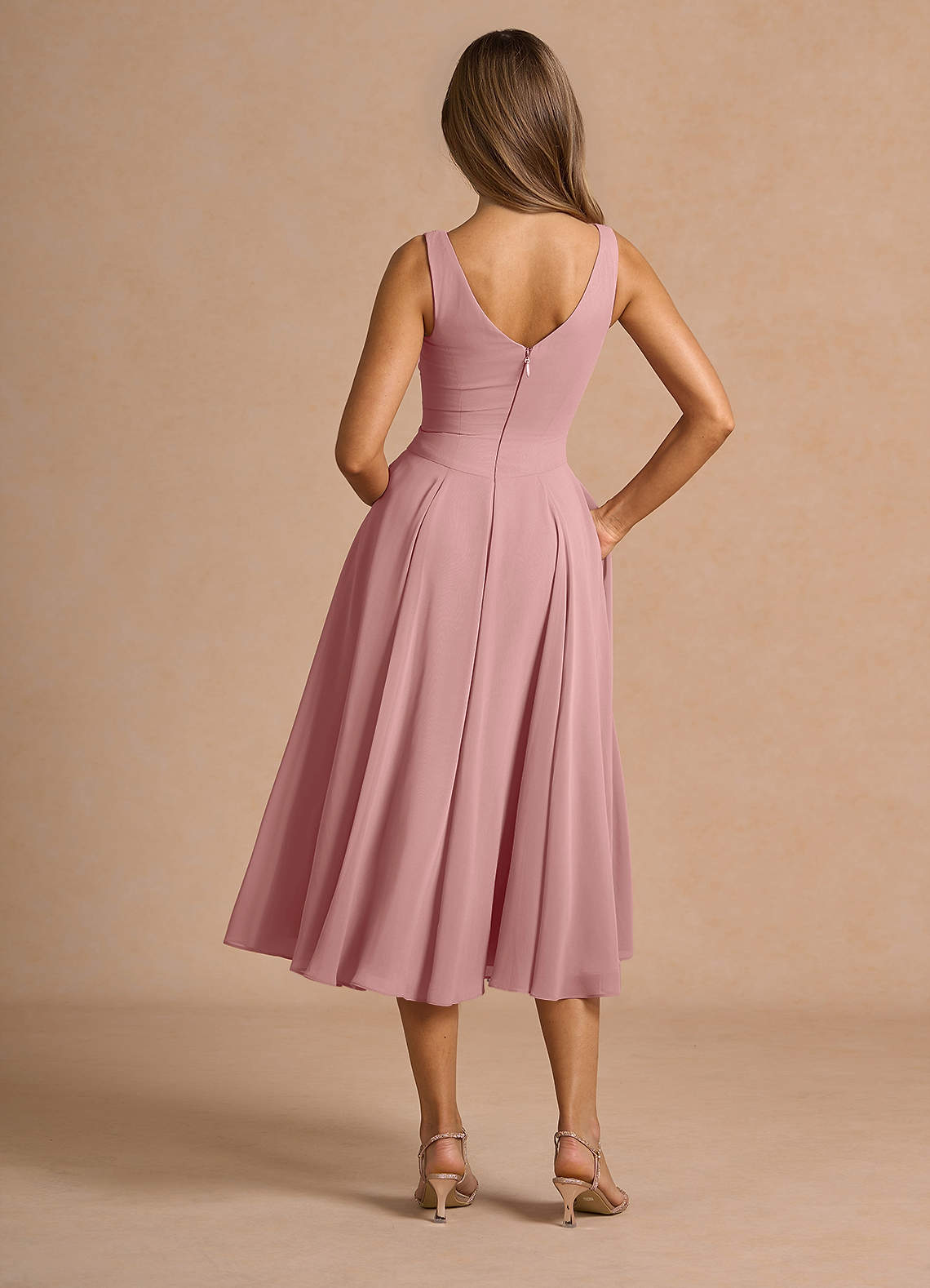 Azazie Plus Size Midi Dresses A-Line Wedding Guest Semi-Formal Dresses V Neck Light Pink