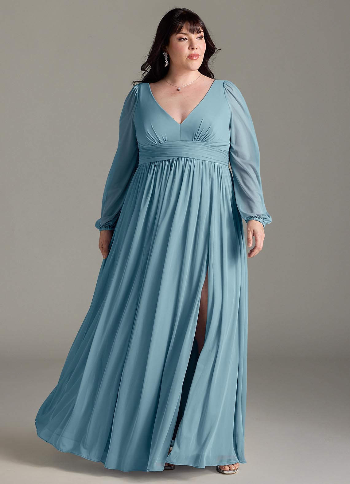 Azazie Norah Bridesmaid Dresses Moody Blue A-Line V-Neck Long Sleeve Chiffon Dress image1