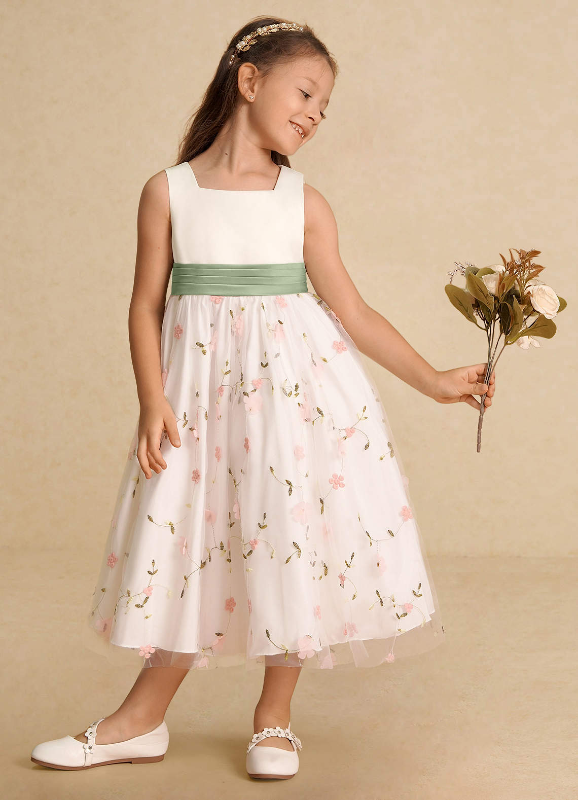 Azazie Pollie Vestidos de florista Vestir Rosa Corado Sálvia Empoeirada de Tule de Linha A com Arco image3