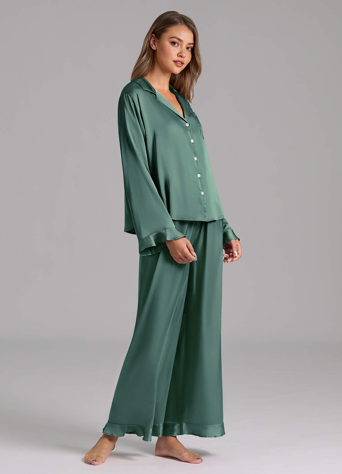 front Matching Color Ruffled Satin Long Sleeve Pajama Set