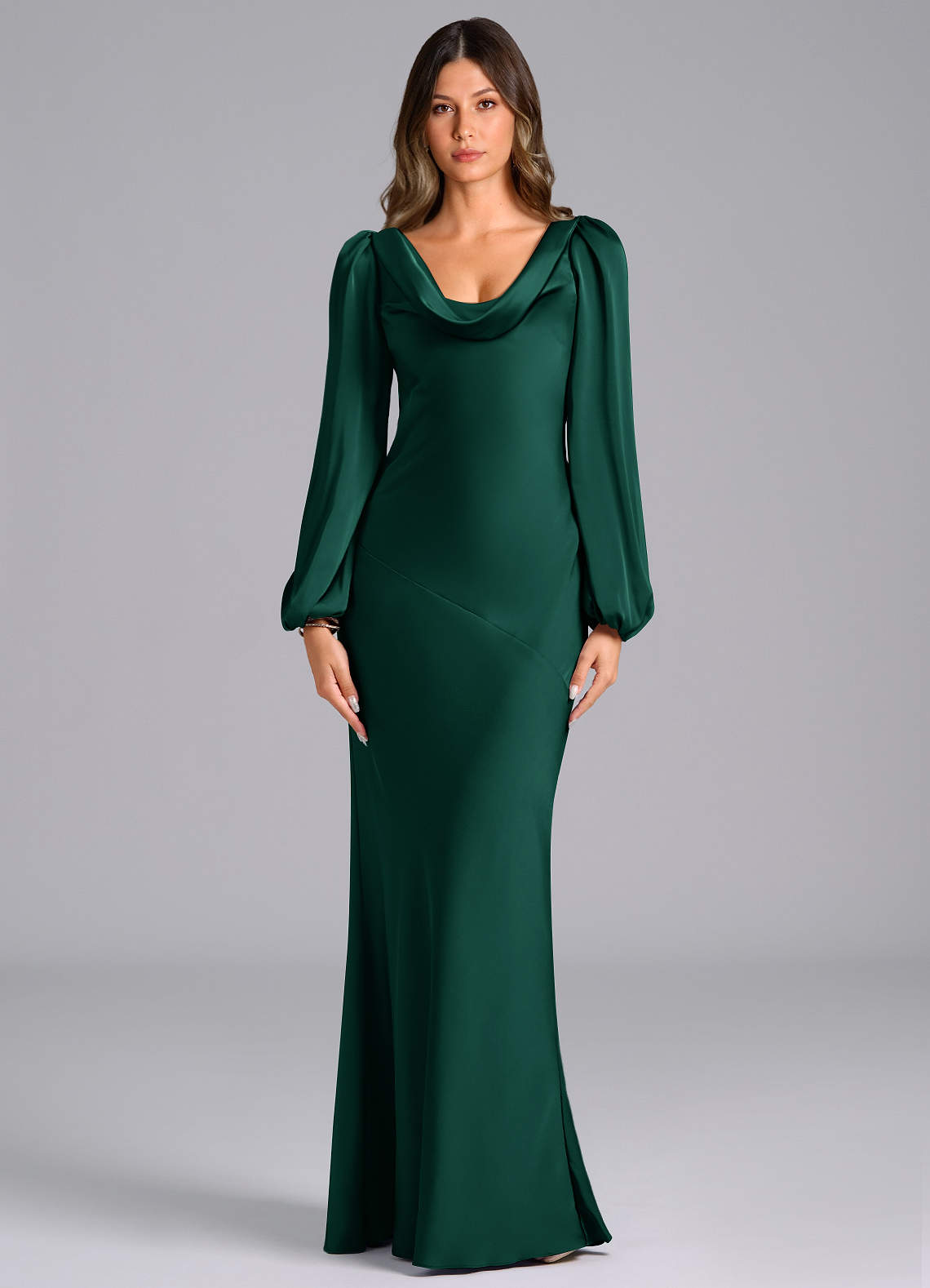 Azazie Melani Bridesmaid Dresses Emerald Mermaid Long Sleeve Stretch Satin Dress image1