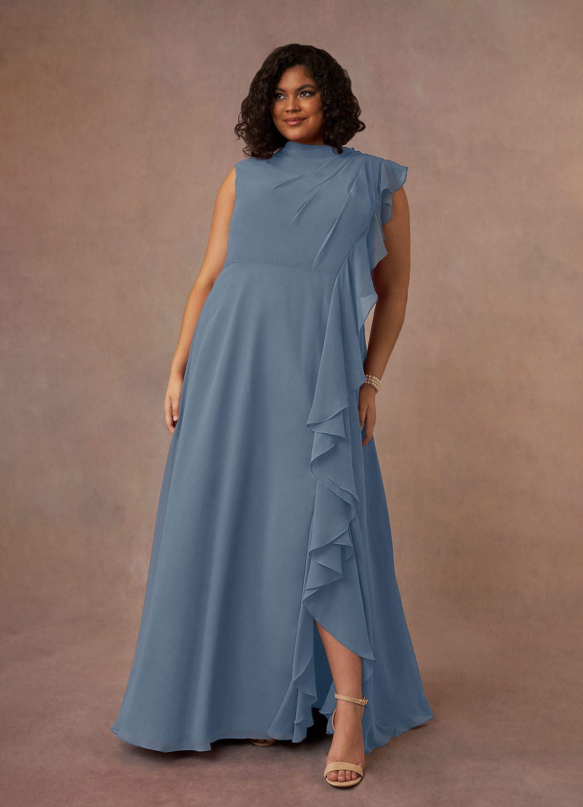 Azazie Narine Abiti per la Madre della Sposa Abito A-Line in Chiffon con Scollo Alto a Pieghe Crepuscolo image1