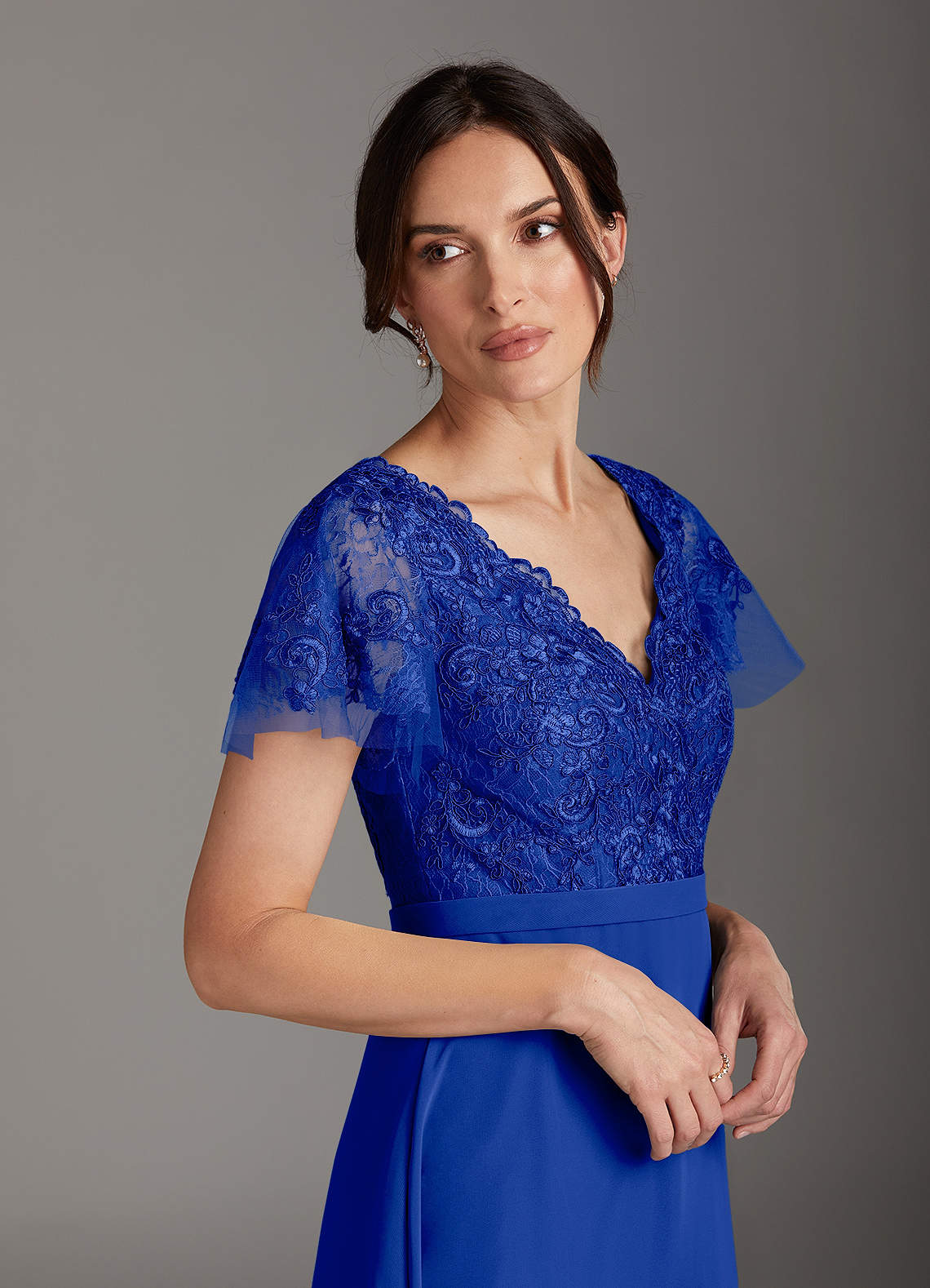 Azazie Singer Royal Blue A-Line V-Neck Lace Chiffon Dress | Azazie