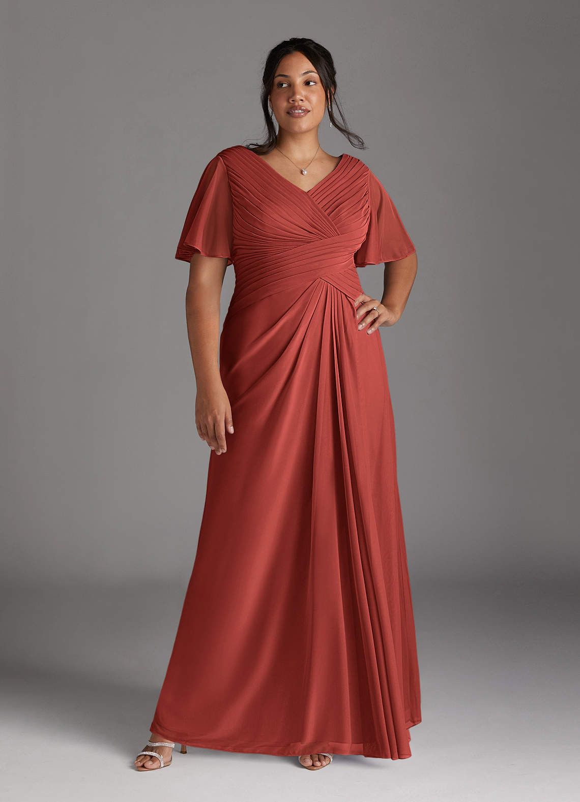 Azazie Emmeline Mother of the Bride Dresses Terracotta A-Line V-Neck Pleated Mesh Dress image7