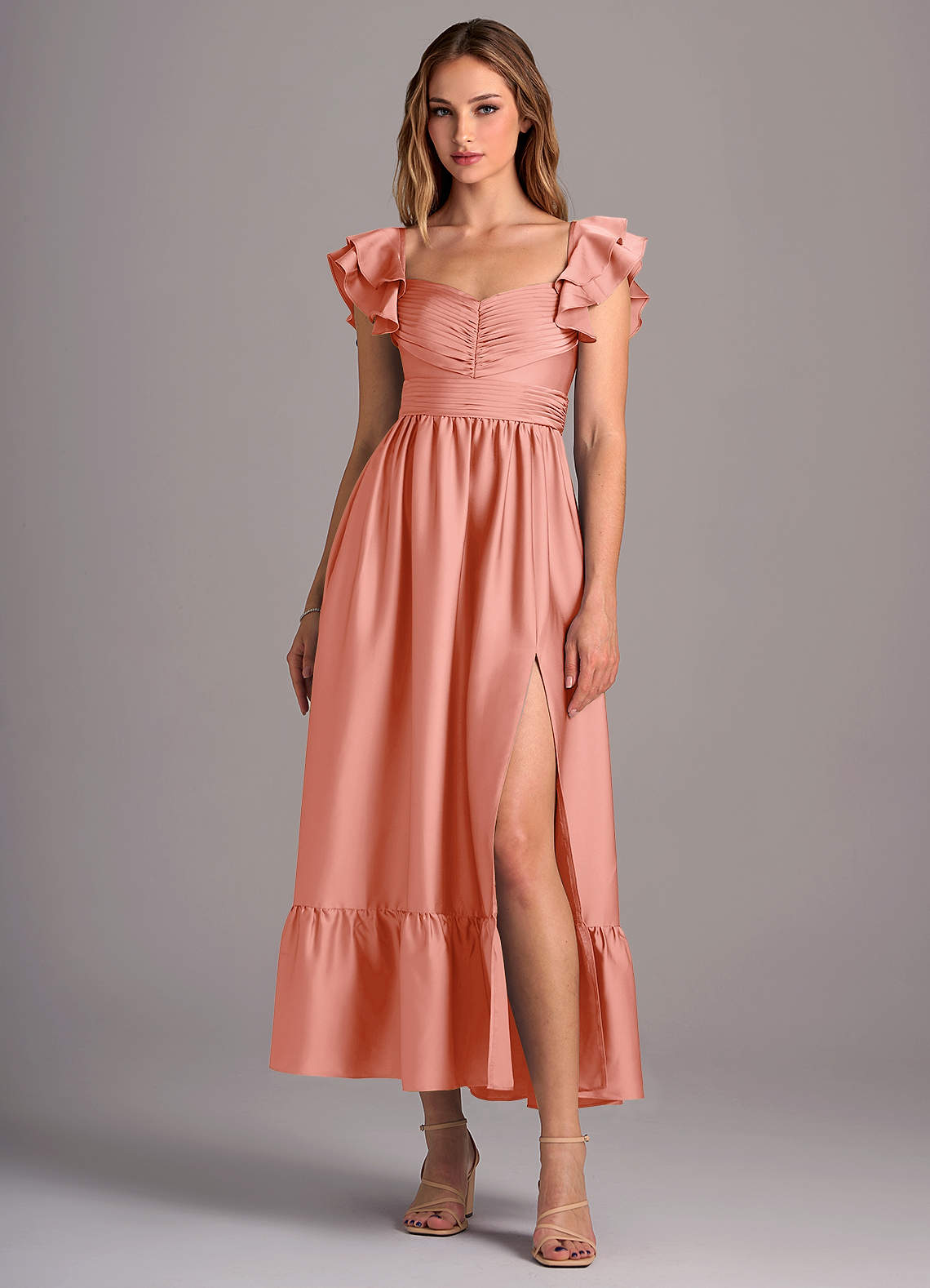 Azazie Anaya Robes de demoiselle d'honneur Robe Trapèze Convertible en Satin extensible Encolure en Forme de Cœur Corail image1