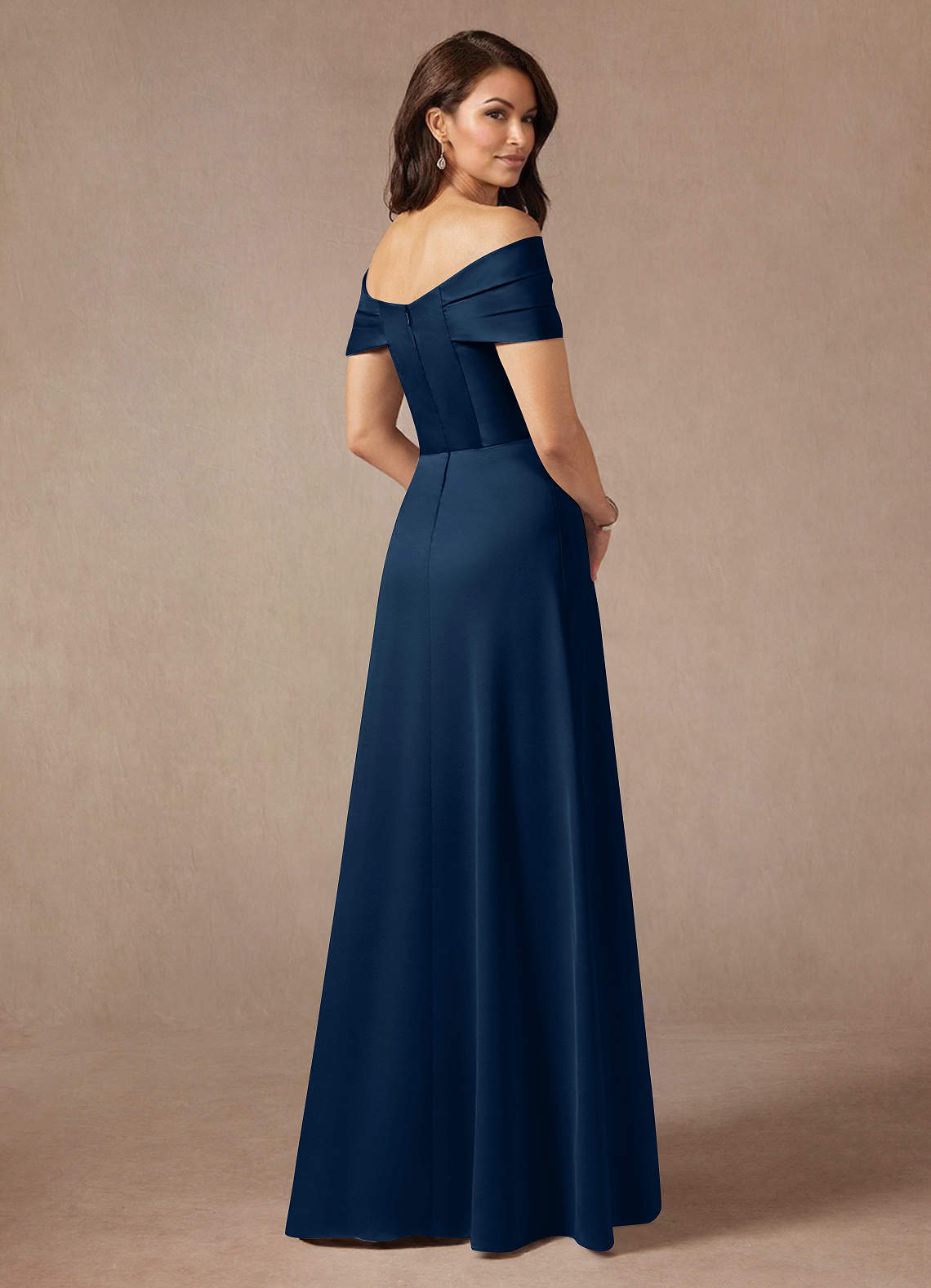 美品★アレミティ バイカラーマーメイドベアドレス（モンステラ）ネイビー（フリー） Azazie Amelia Dark Navy A-Line Off the Shoulder Stretch Satin