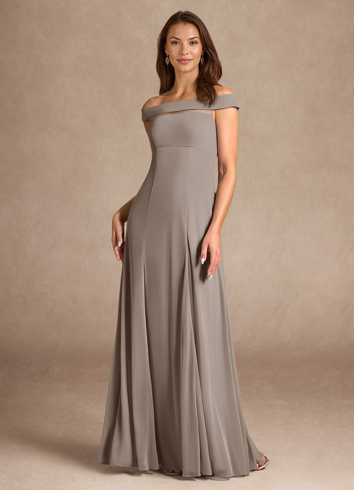 Azazie Ewa Mother of the Bride Dresses Taupe A-Line Off the Shoulder Mesh Dress image1
