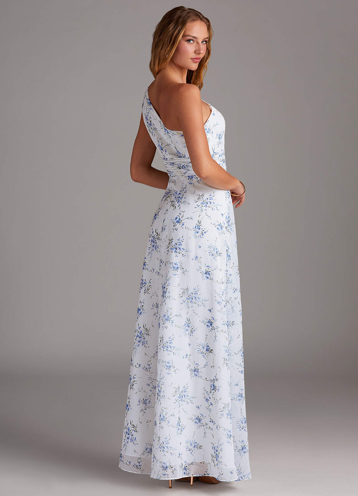 Azazie A-Line One-Shoulder Floor-Length Chiffon Bridesmaid Dresses - Blue Cottage Floral