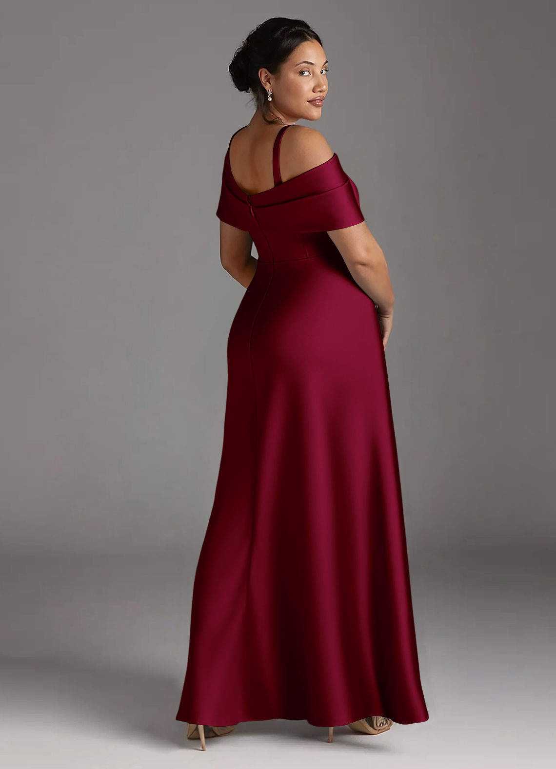 Azazie Milton Mother of the Bride Dresses Burgundy A-Line Pleated Stretch Satin Dress image11