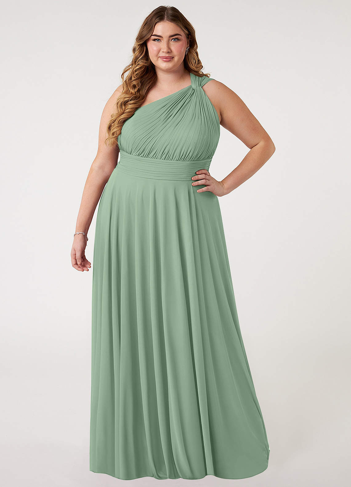 Azazie Charlize Bridesmaid Dresses Matcha A-Line One Shoulder Mesh Dress image1
