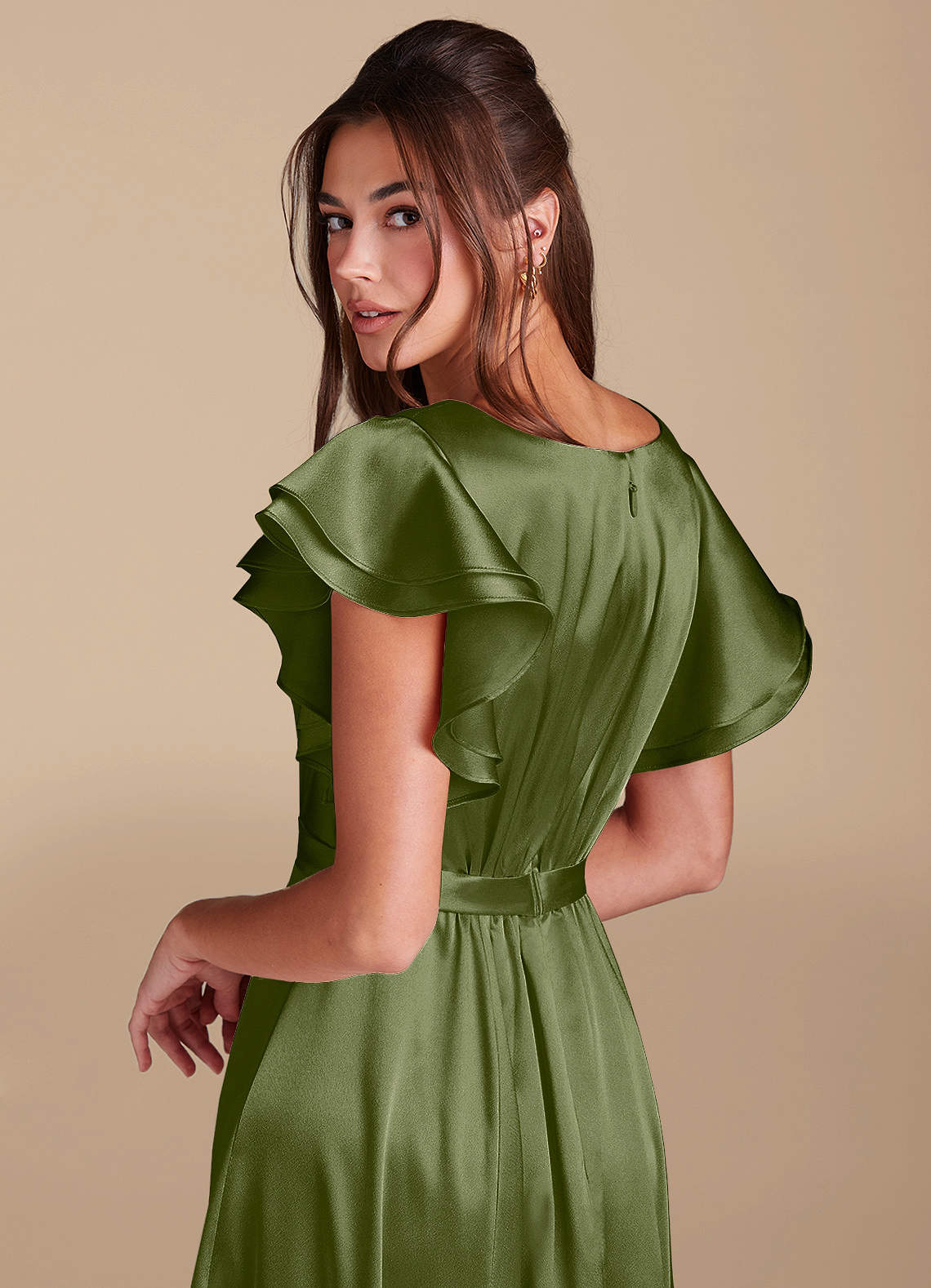 Azazie Daphne Modest Bridesmaid Dresses A-Line Ruched Metallic Satin Floor-Length Dress image5