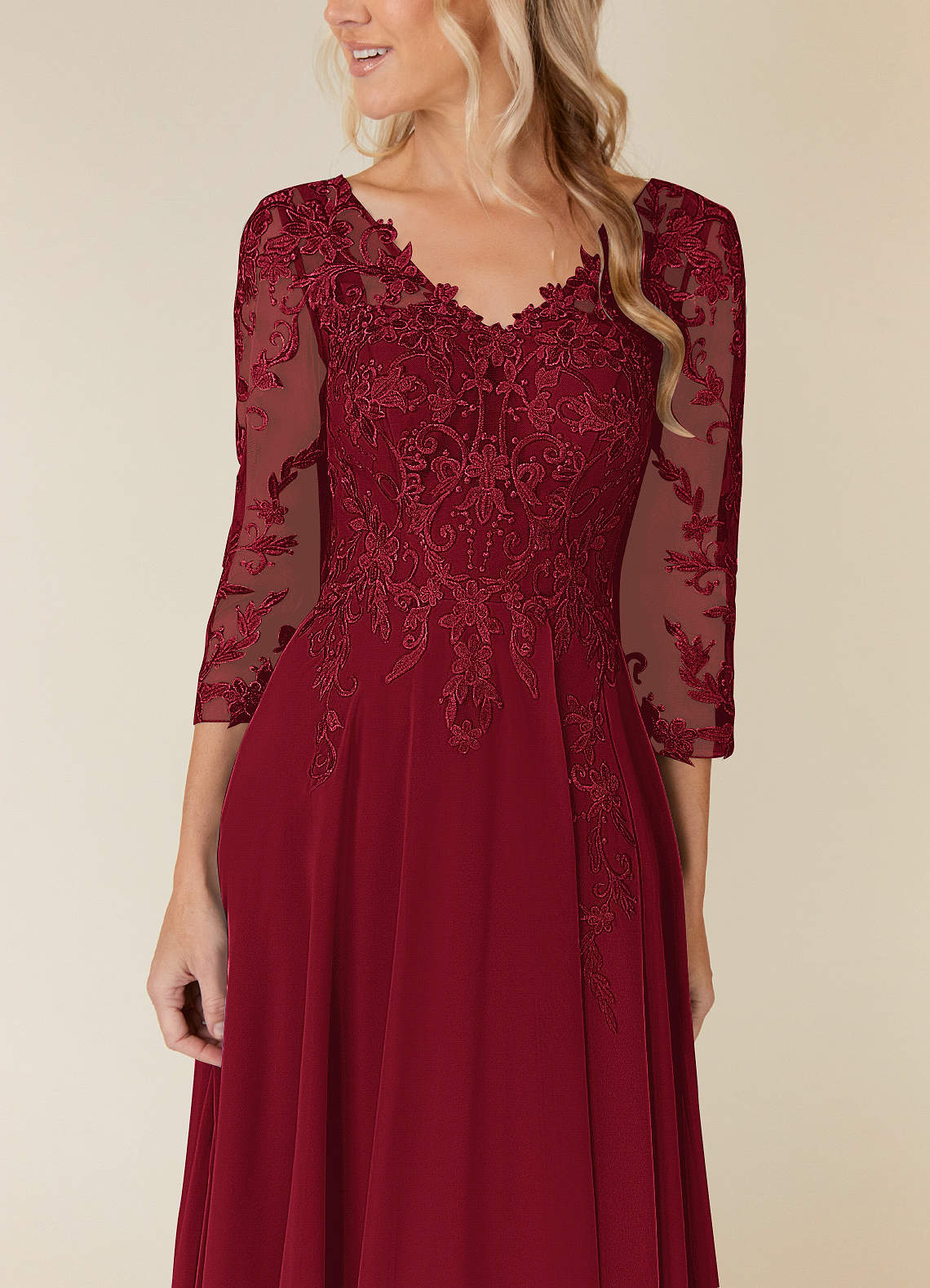 Azazie Plus Size A-Line/Princess V-Neck Floor-Length Stretch Crepe Mother of the Bride or Groom Dresses - Burgundy