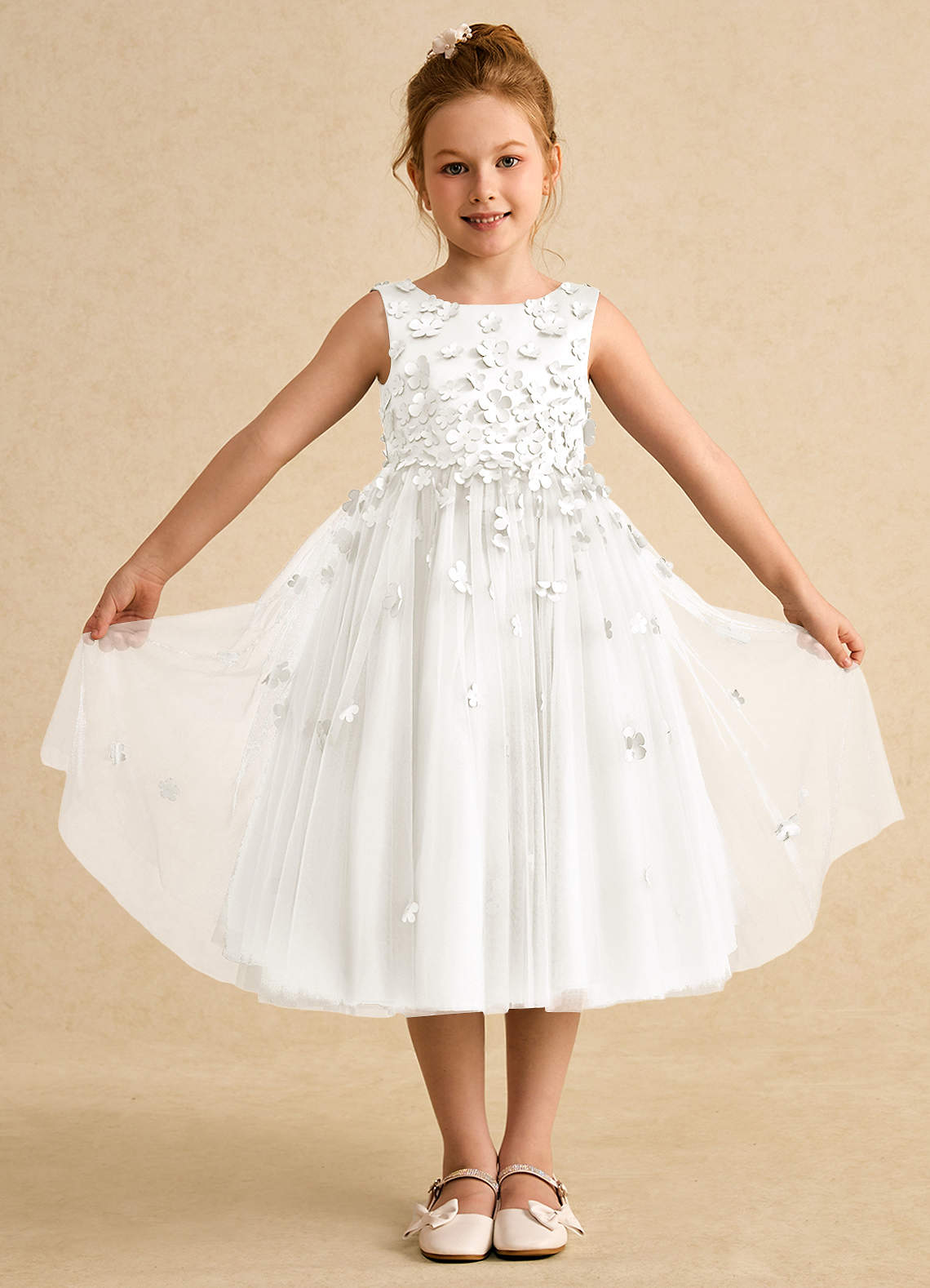 Azazie Lana vestidos de niña de las flores Vestido de Marfil de Satin Mate de Corte En A con Sin mangas image1