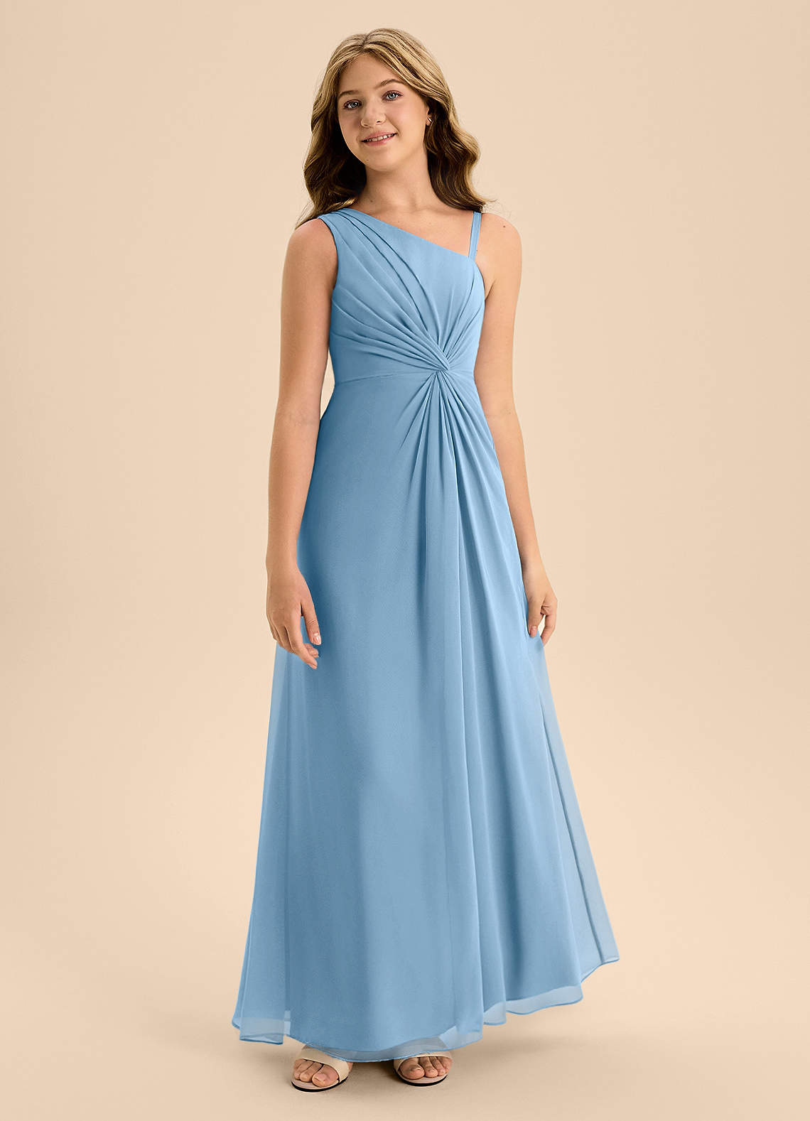 Azazie Brooke Junior Vestido de Azul Acero de Gasa de Corte en A con Corte Lateral image4