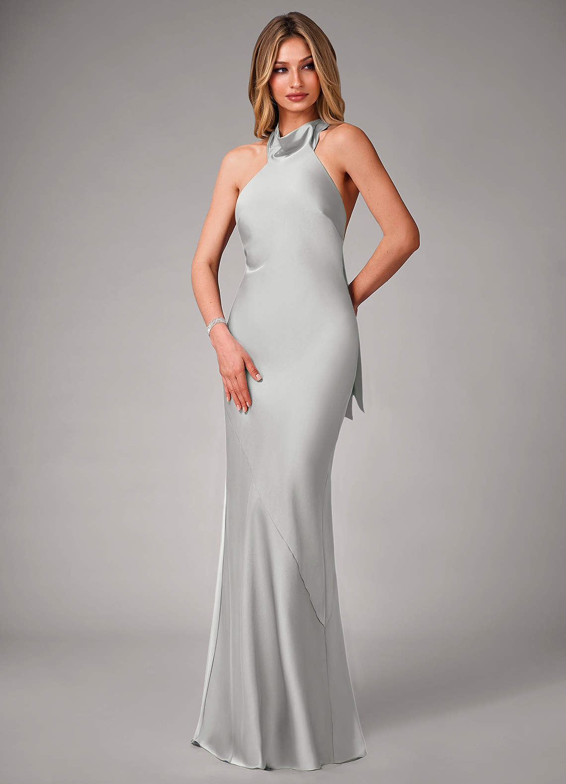 Azazie Velli Bridesmaid Dresses Silver Mermaid High Neck Stretch Satin Dress image3