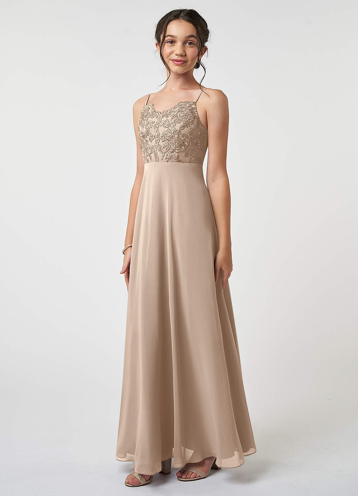 Azazie Sonya Junior Robe Trapèze en Mousseline de soie Dentelle Taupe image1