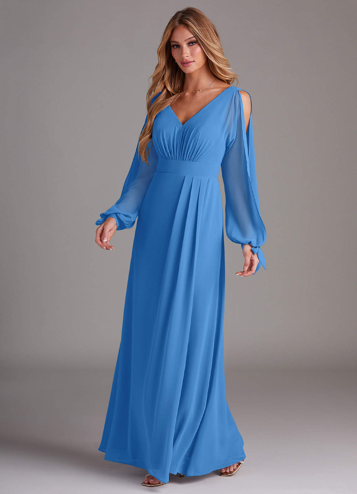 Azazie Matilda Robes de demoiselle d'honneur Robe Trapèze en Mousseline de soie Manche longue Geai Bleu image1
