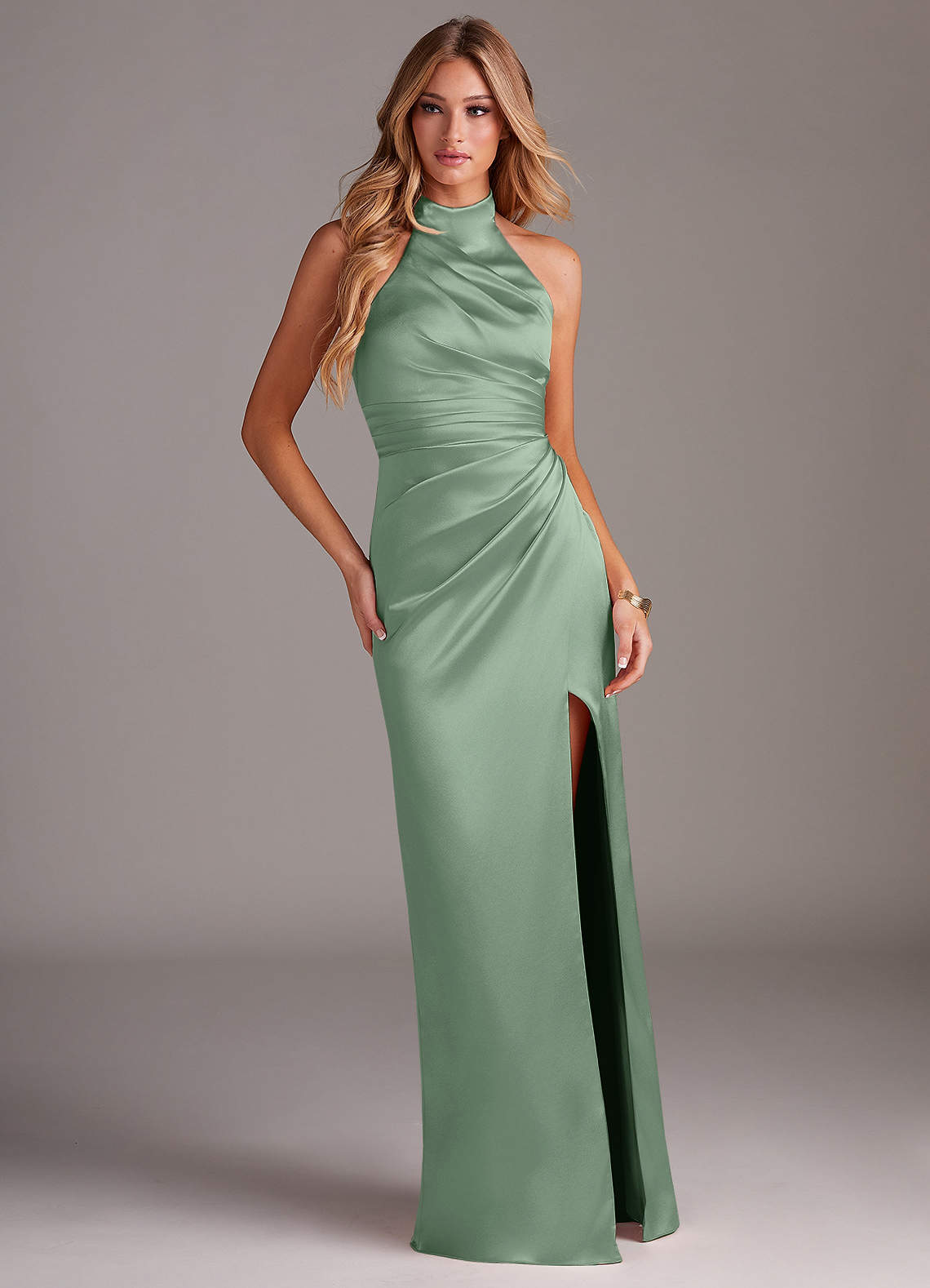 Azazie Jemma At-home Try On Dresses Amethyst Sheath Pleated Stretch Satin Dress image2