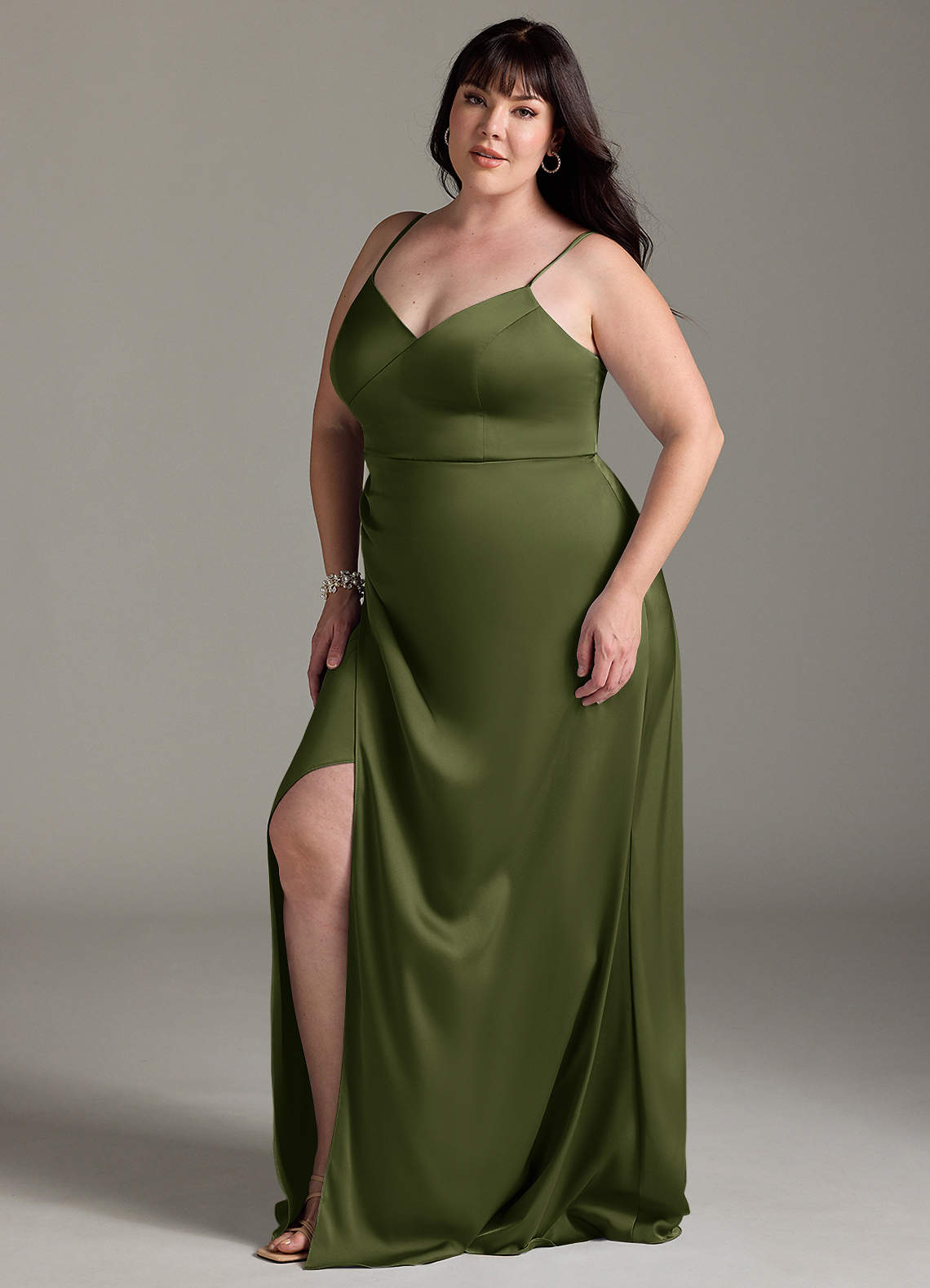 Azazie Marchella Robes de demoiselle d'honneur Robe Trapèze en Satin extensible Corset Olive image9