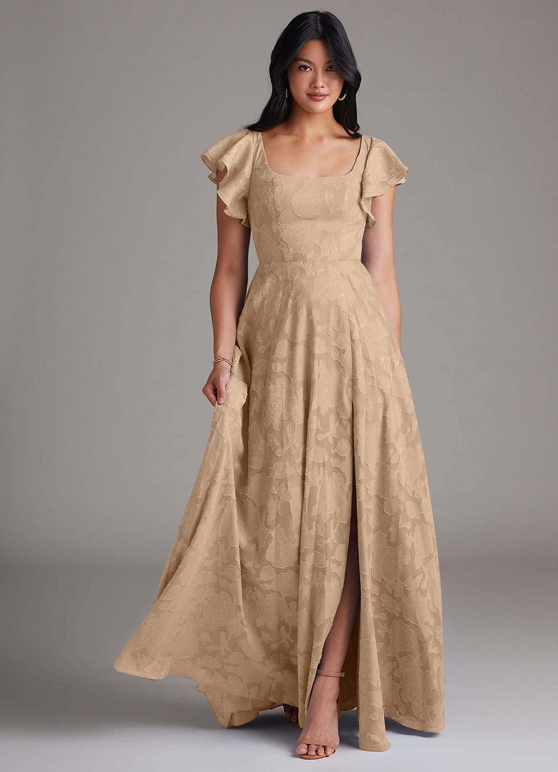 Azazie A-Line Square Neck Floor-Length Floral Burnout Bridesmaid Dresses - Champagne