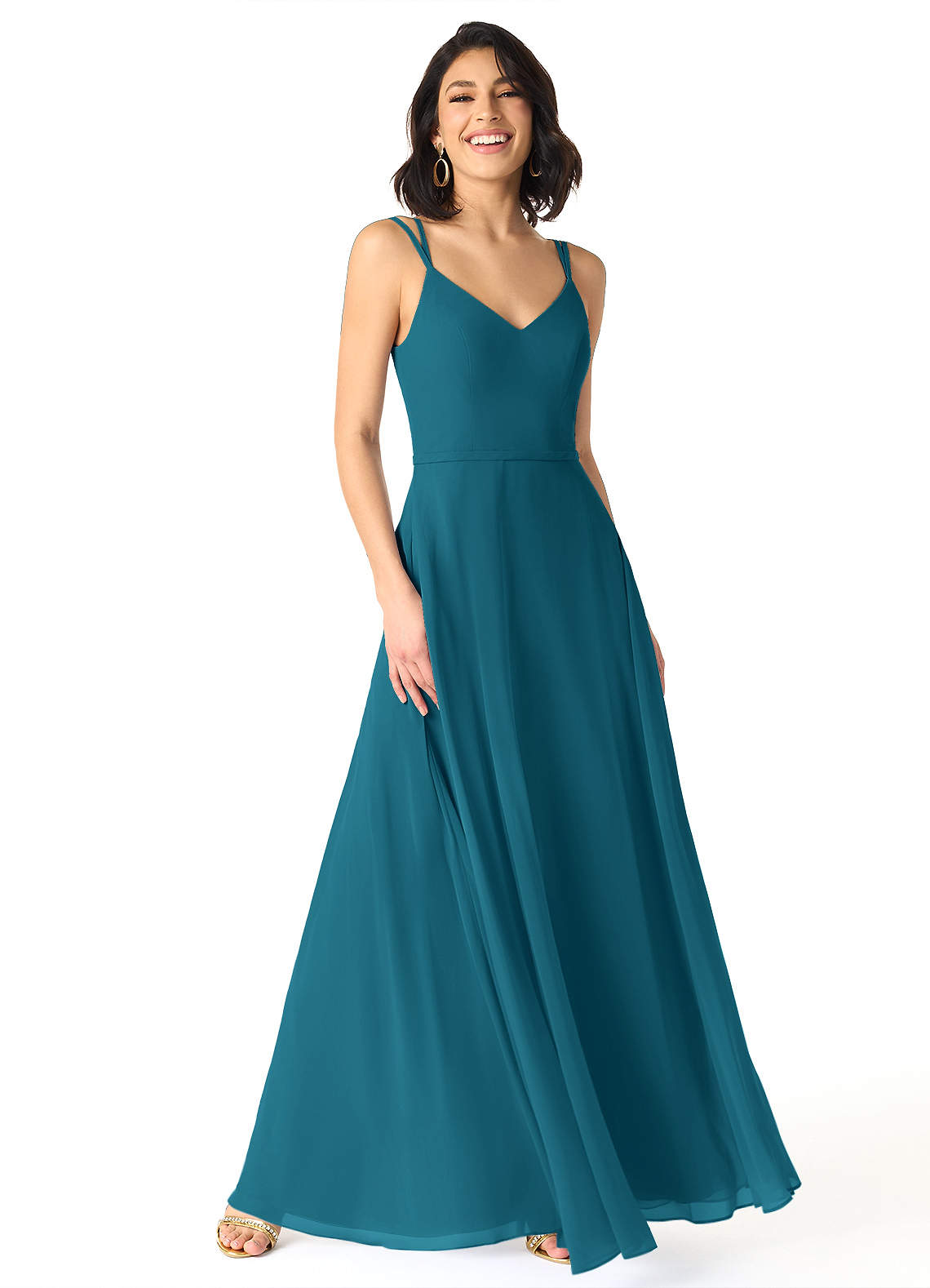 Azazie Janine Bridesmaid Dresses Ink Blue A-Line V-Neck Chiffon Dress image1