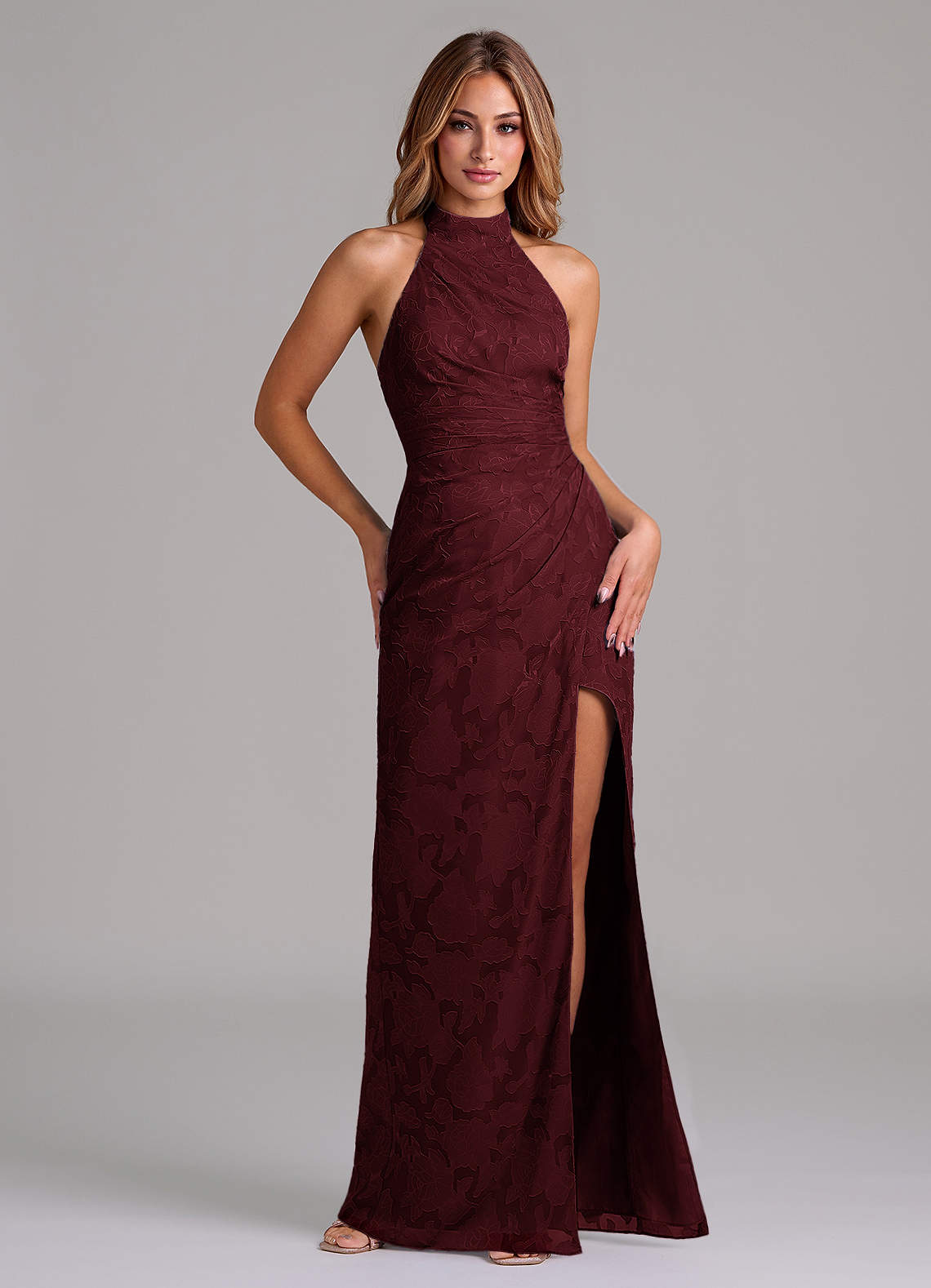 Azazie Jemma Bridesmaid Dresses Cabernet A-Line Pleated Floral Burnout Dress image1