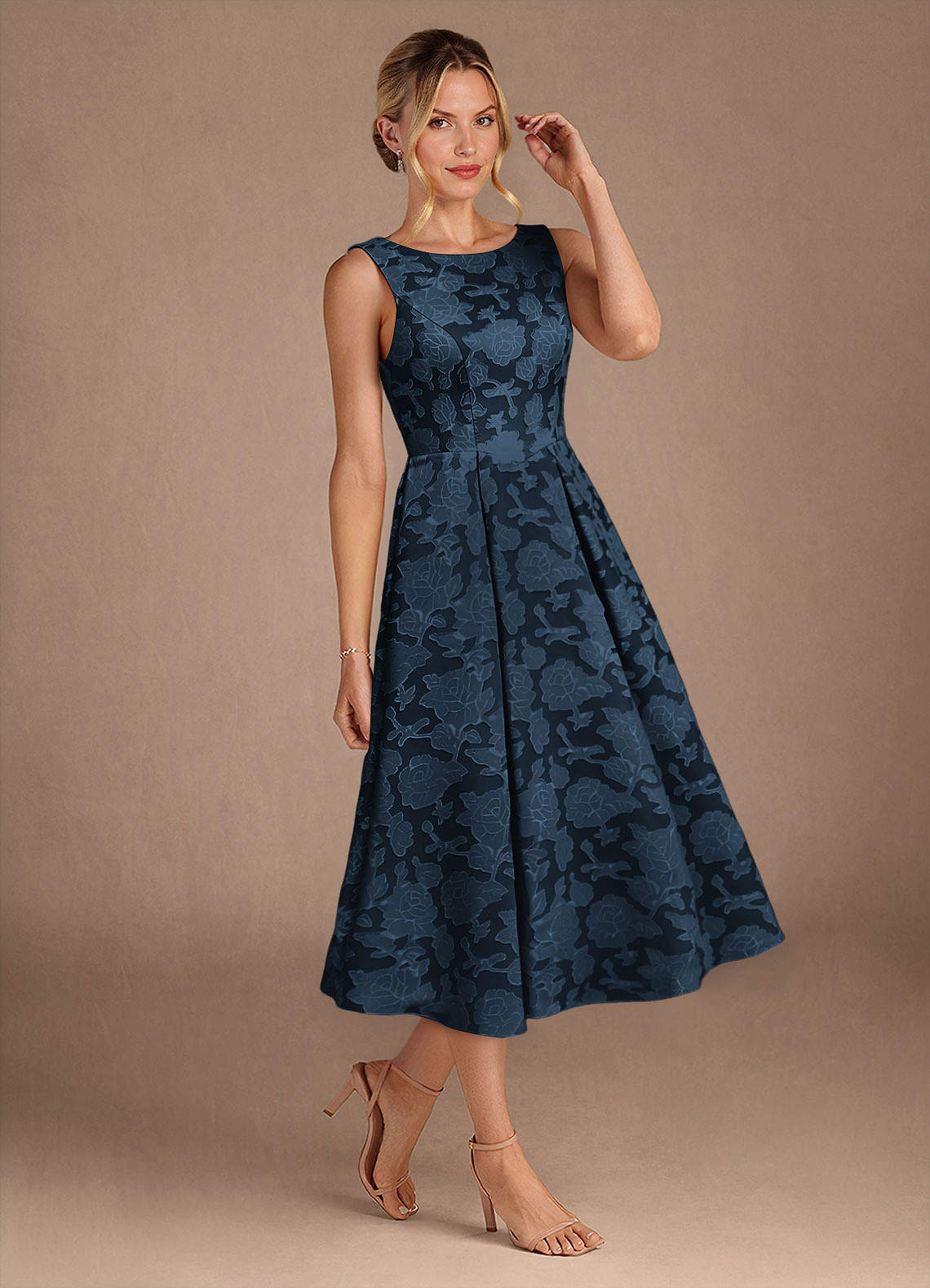 Azazie Fulton Mother of the Bride Dresses Dark Navy A-Line Pleated Floral Burnout Dress image1