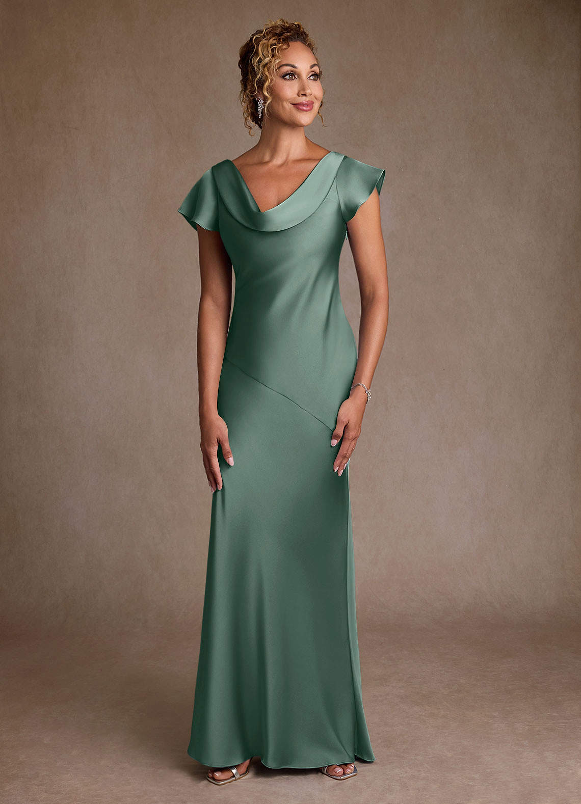 Azazie Shelby Mother of the Bride Dresses Eucalyptus Mermaid Pleated Stretch Satin Dress image1