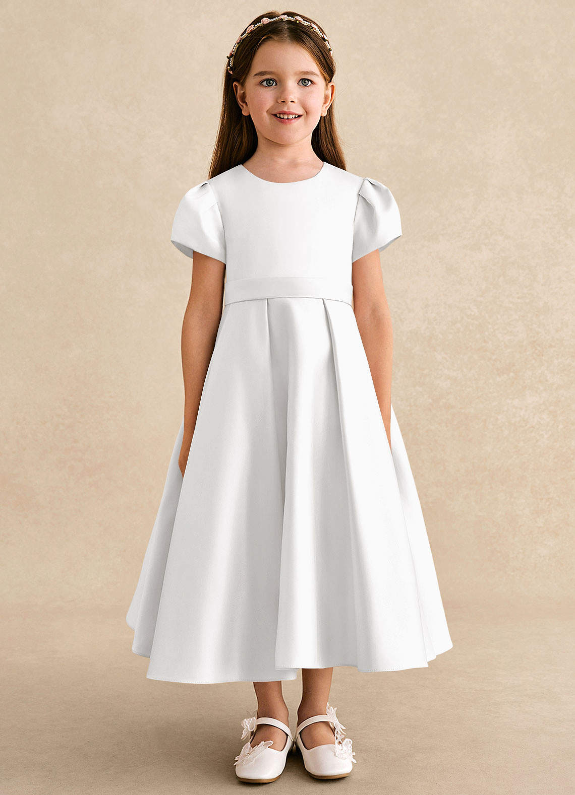 Azazie Princess Flower Girl Dresses White A-Line Pleated Matte Satin Dress image4
