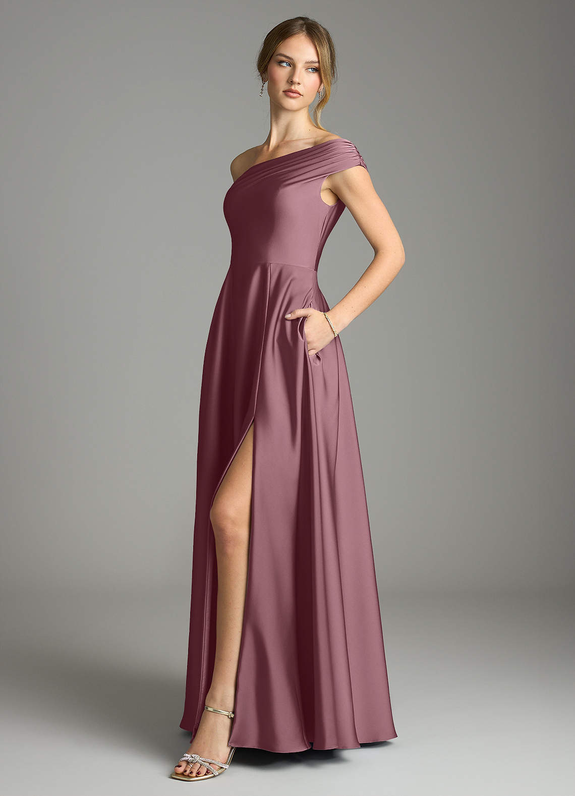 Azazie Melanie At-home Try On Dresses Amethyst A-Line Off the Shoulder Stretch Satin Dress image3