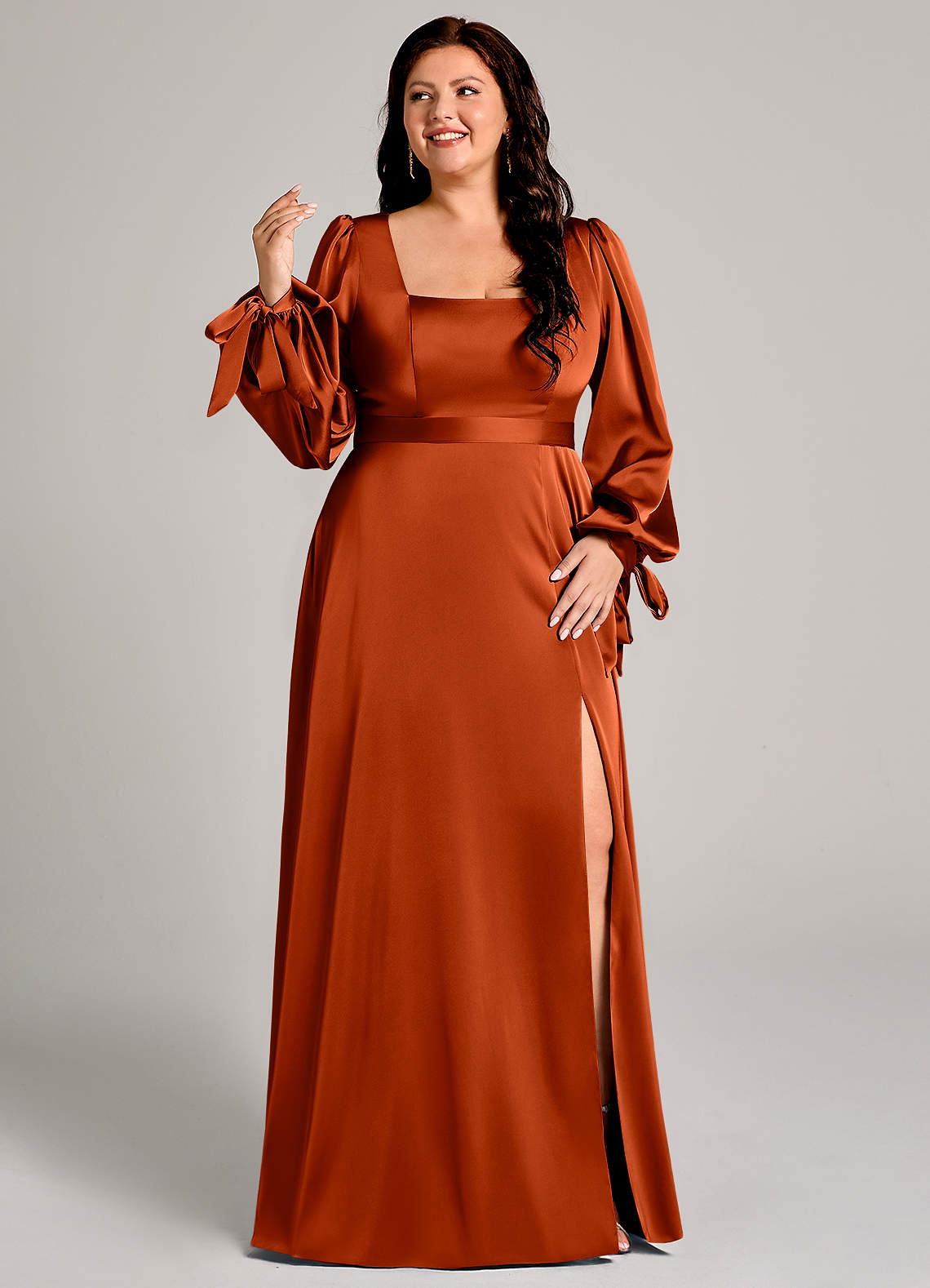 Azazie Leonia Bridesmaid Dresses Paprika A-Line Long Sleeve Stretch Satin Dress image9