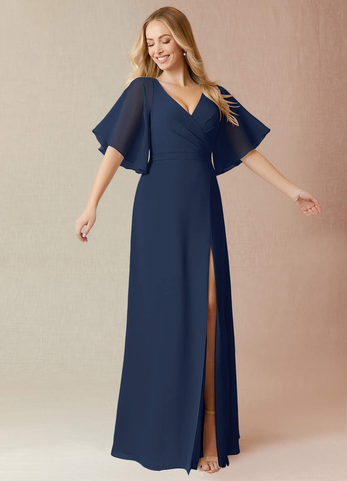 Navy v shop neck bridesmaid dress