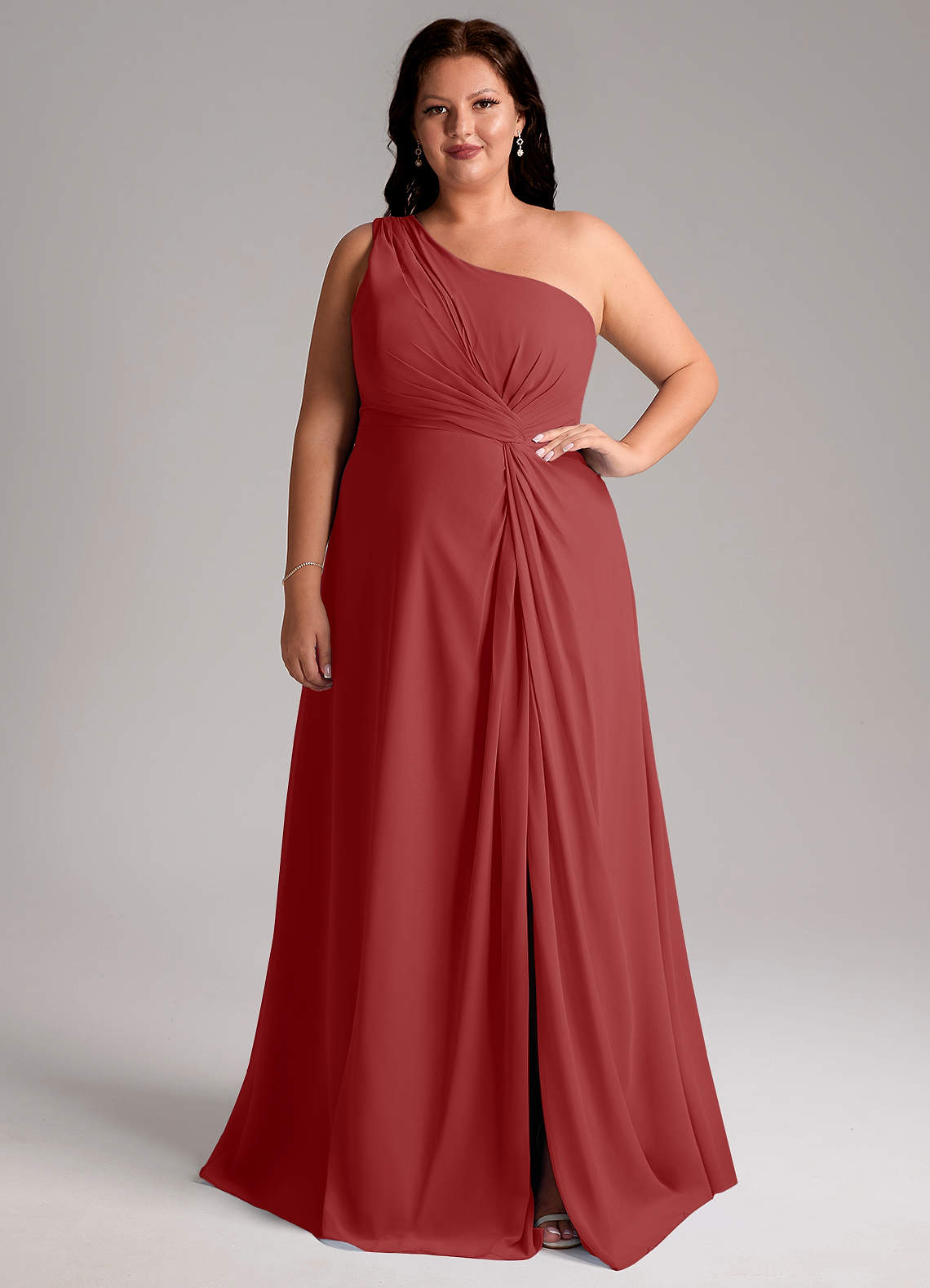 Azazie Brooke Bridesmaid Dresses Rust A-Line One Shoulder Chiffon Dress image1